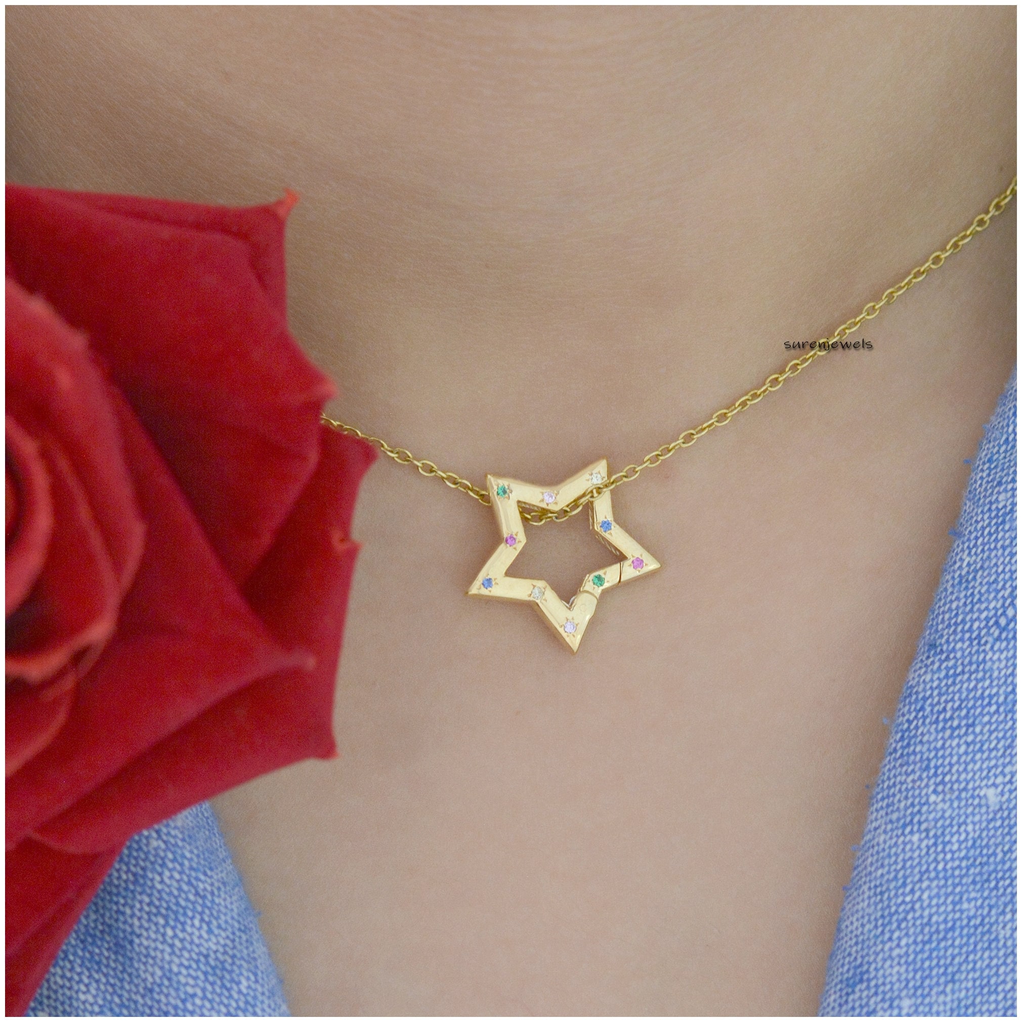 Multi Sapphire Star Charm Lock: Enhancer Connector Jewelry - View 2 - Suren Jewels | SKU: SJP1297-SLYGMTCS-25M