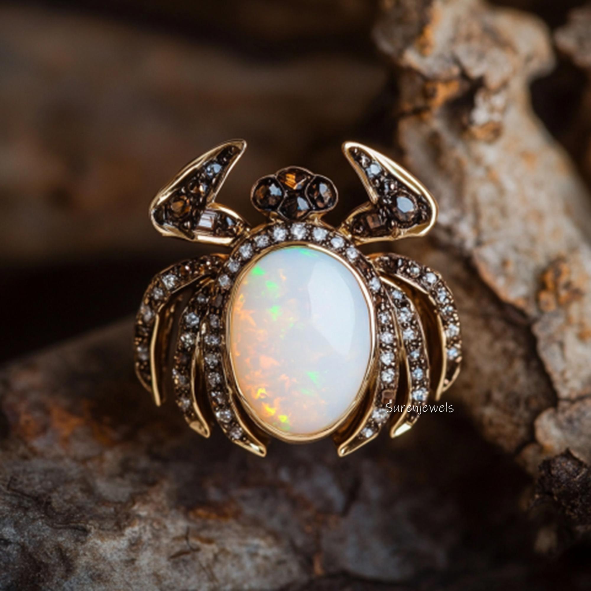 Opal Beetle Earrings, Unique Insect Statement Earrings, Gold Gemstone Bug Earrings, Nature Inspired Jewelry, Luxury Statement