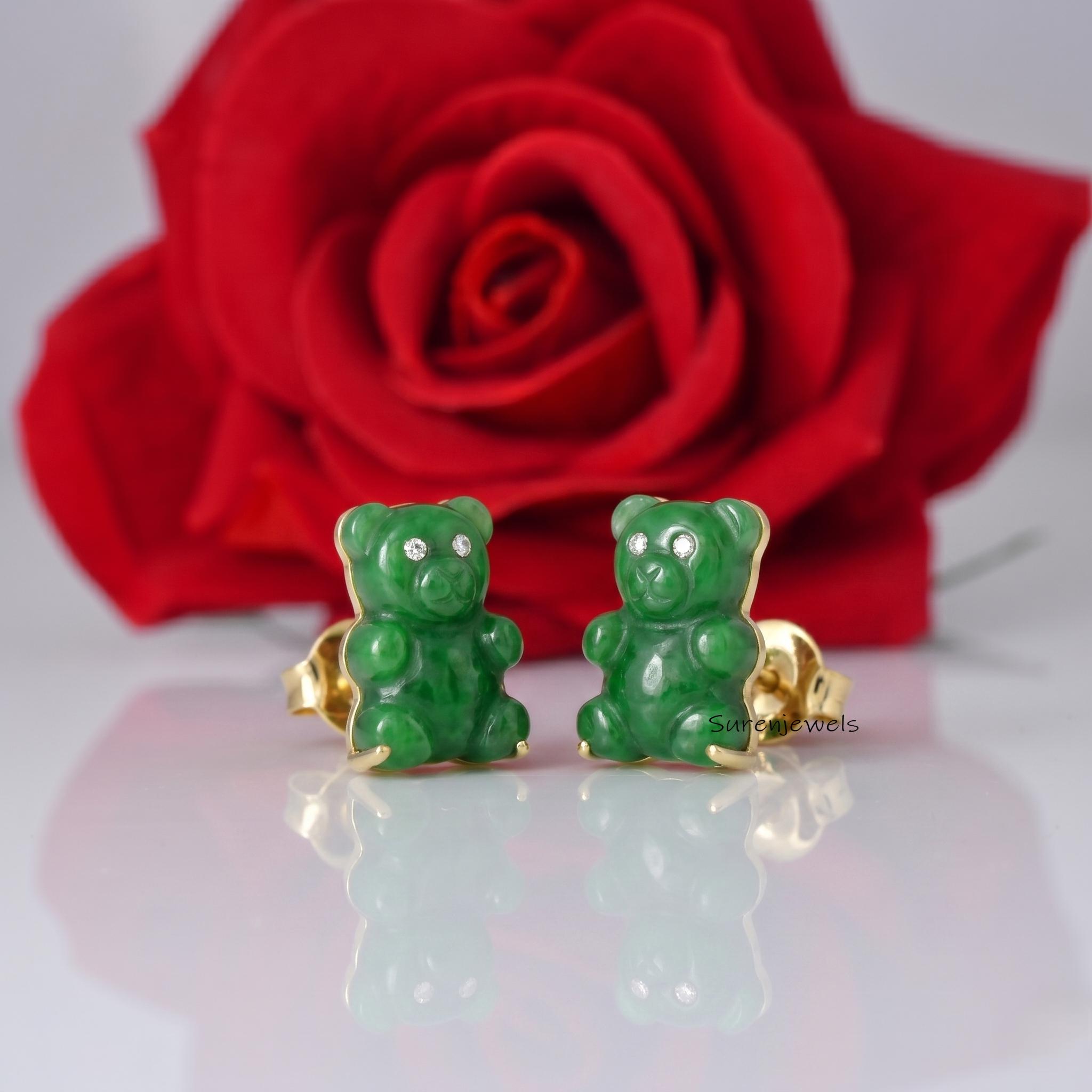 14K Gold Gemstone Teddy Bear Earrings, Tiny Teddy Bear Flat Stud, Teddy Bear Baby Earring, gold teddy bear post earrings, Ted