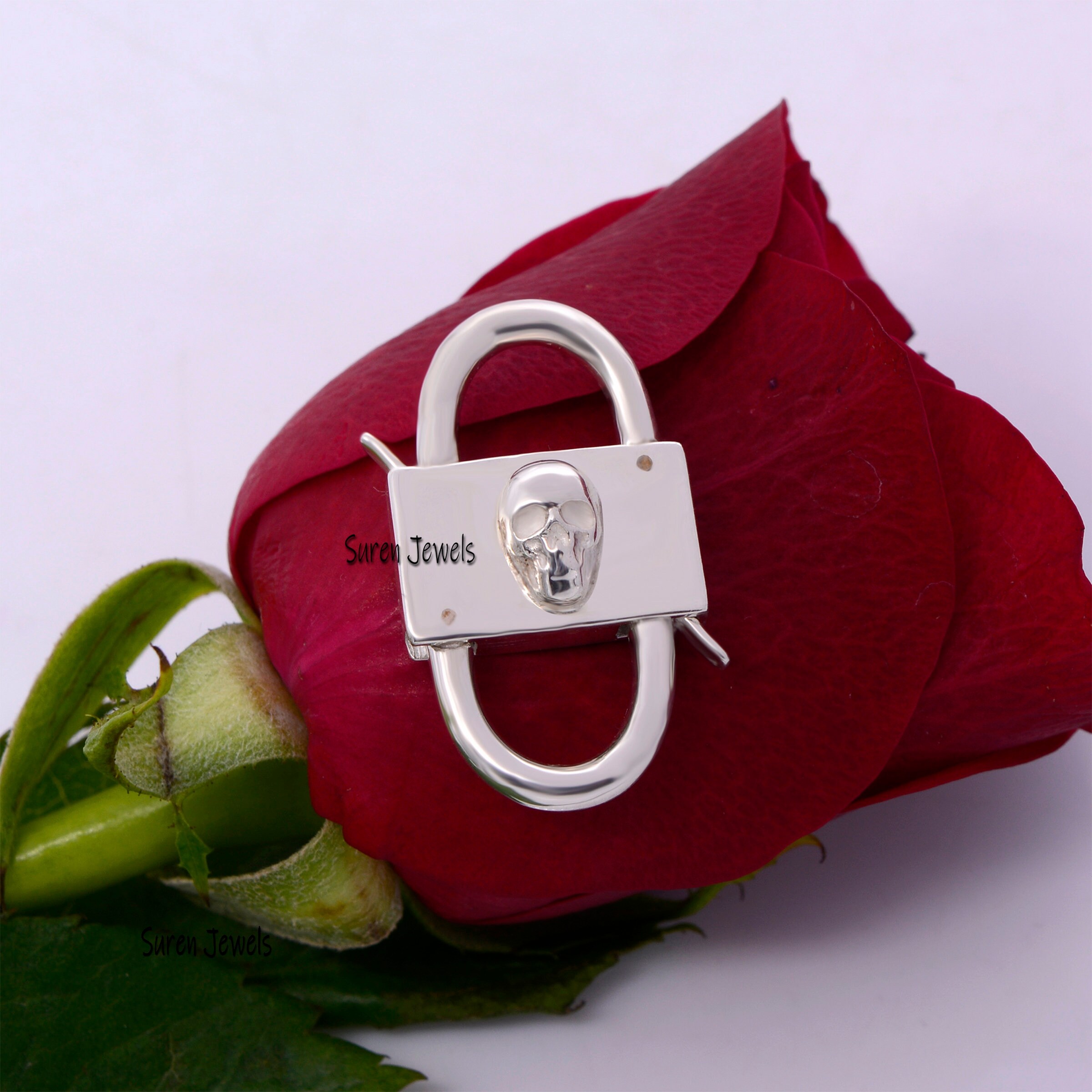 925 Silver Skull Padlock: Handmade Designer Jewelry (30x17 MM) - View 6 - Suren Jewels | SKU: SJP31-SLNS-SKL