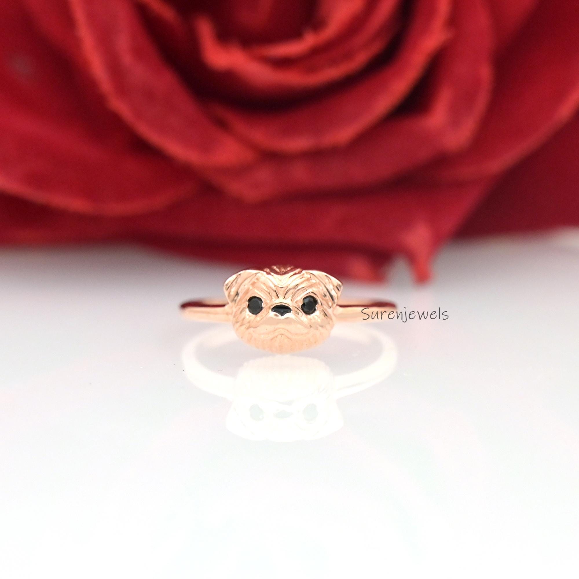 14K Gold Pug Ring: Handmade Animal Jewelry - View 3 - Suren Jewels | SKU: SJR2913-SLRG-US-6,SJR3186-SLRGBKCZ-US-7