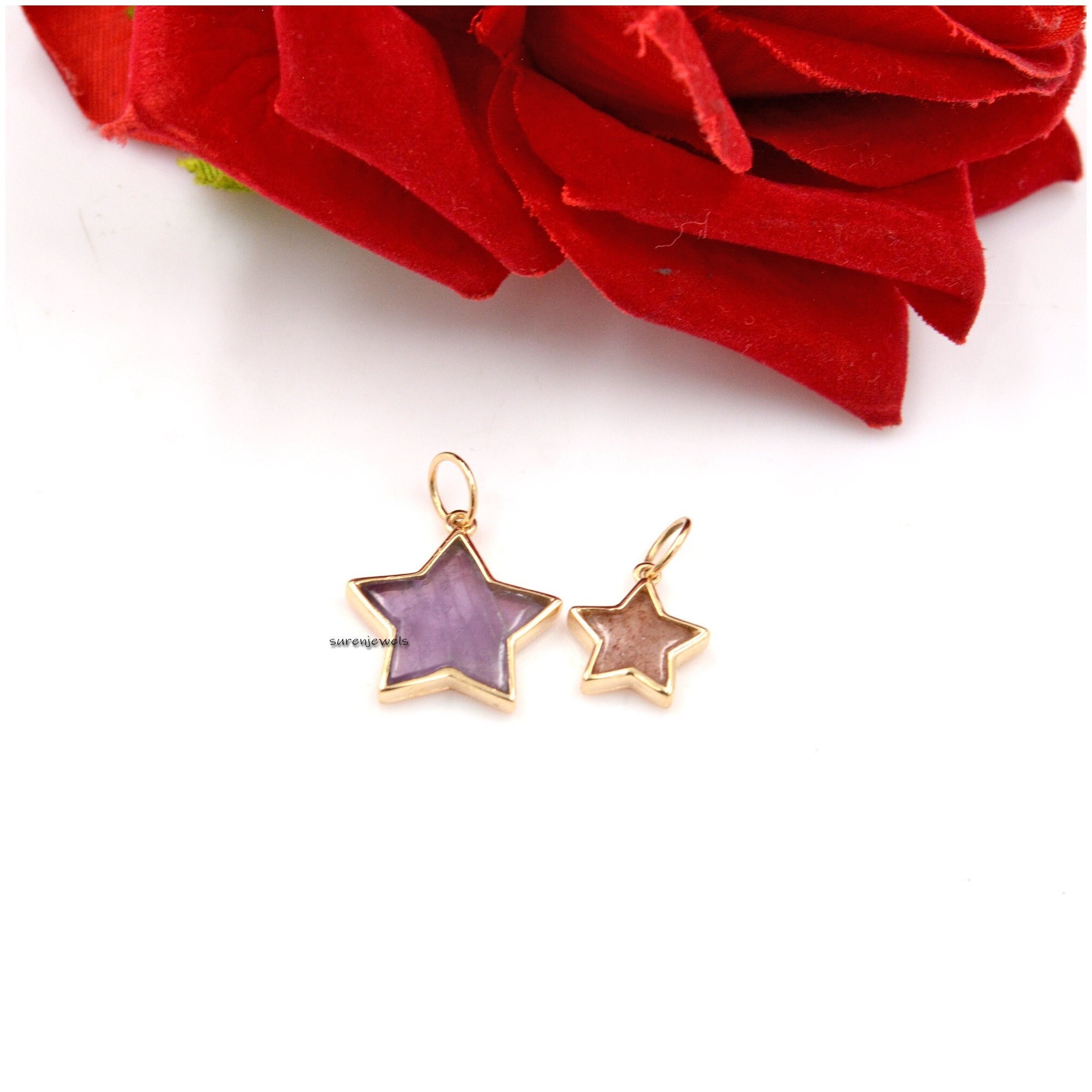 14k Gold Carved Gemstone Star Pendant: Handmade Designer Charm - Suren Jewels | SKU: SJP1375-