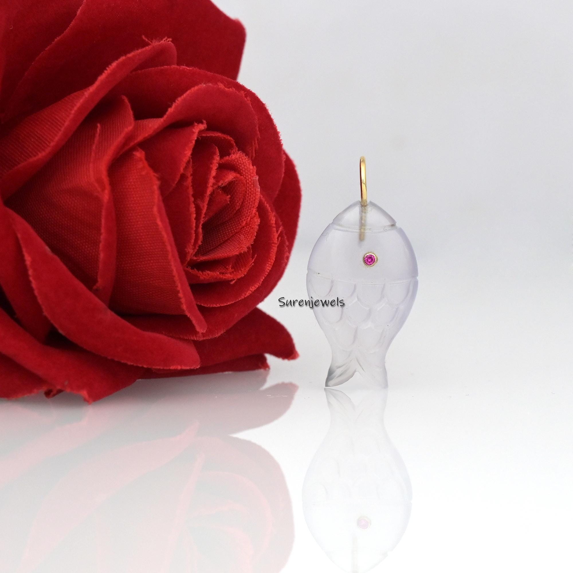 14k Gold Carved Gemstone Fish Pendant: Lucky Charm with Pink CZ Eyes - View 2 - Suren Jewels | SKU: SJP3411-SLYGBORUCZ-35M,SJ