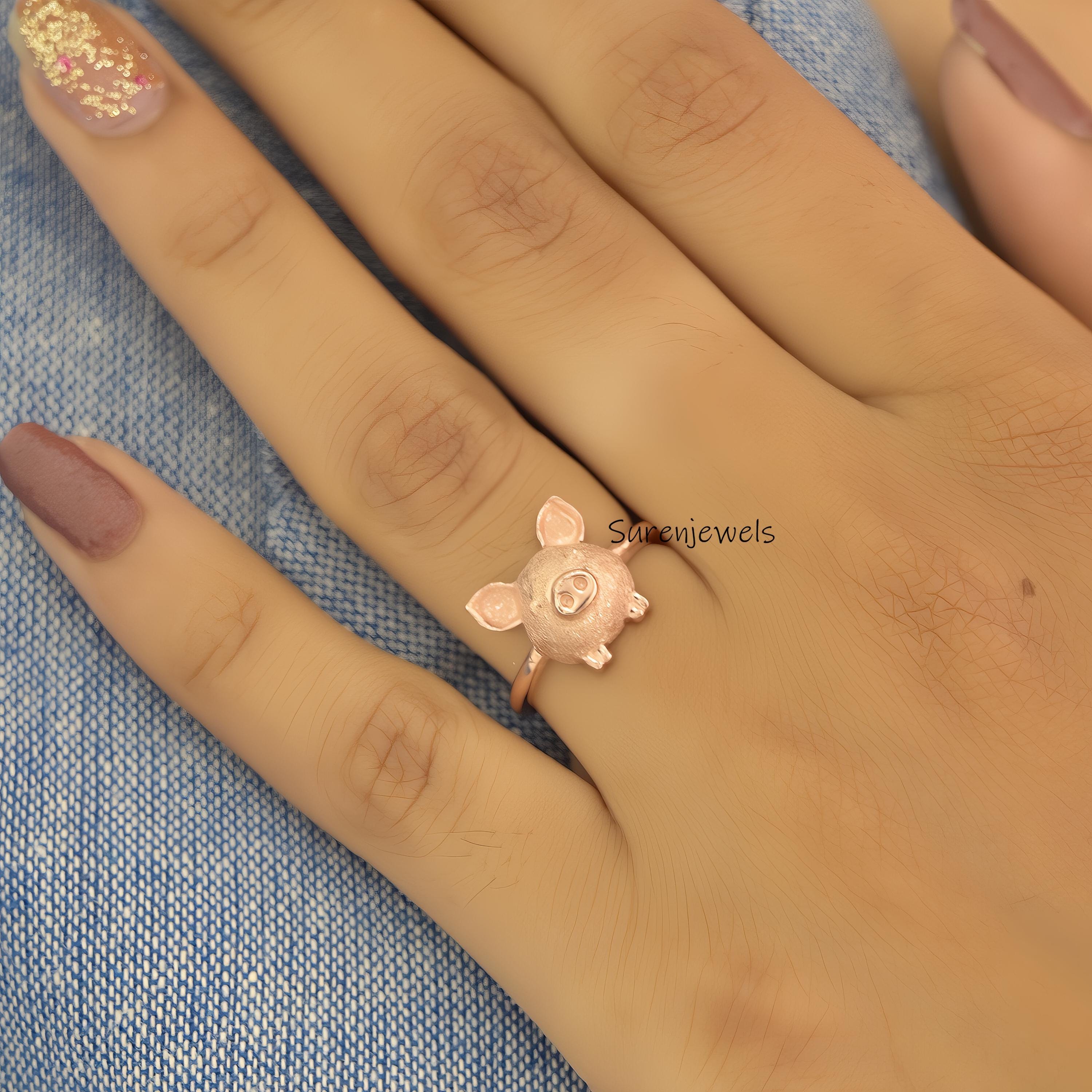 Solid 14k Gold Pig Face Ring - Handmade Animal Jewelry - View 4 - Suren Jewels | SKU: SJR2896-SLWG-US-7,SJR2924-SLNS-US-6
