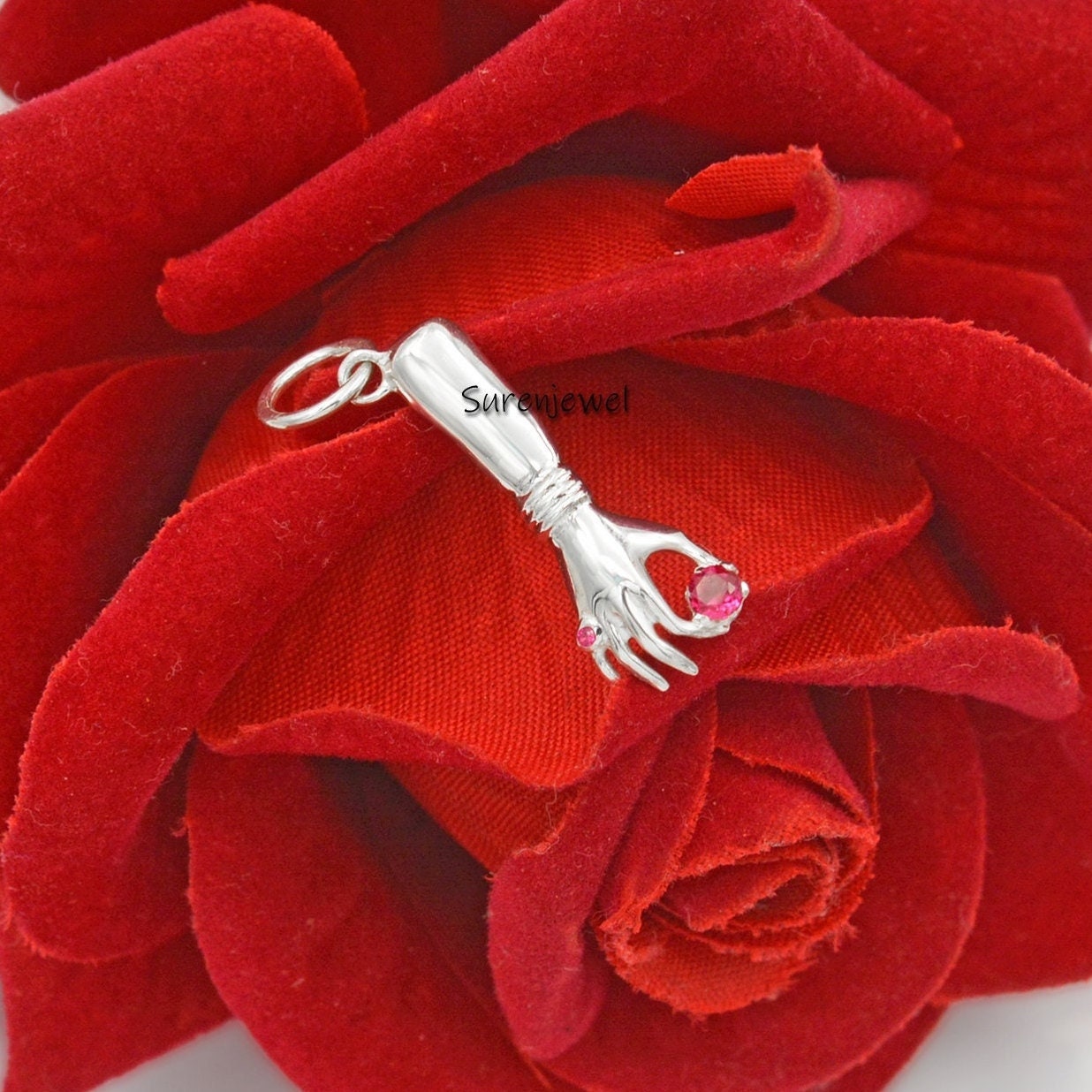 925 Silver Figa Hand Pendant: Ruby Gemstone Good Luck Charm - Suren Jewels | SKU: SJP517-SLYGRU-N41-18I-925