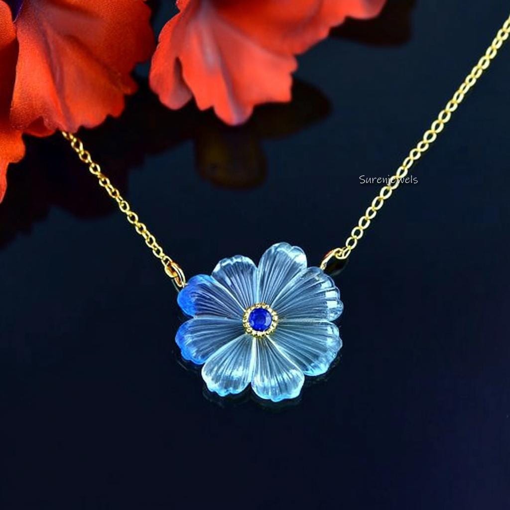 Sterling Silver Carved Gemstone Flower Pendant Necklace - View 2 - Suren Jewels | SKU: Custom Property