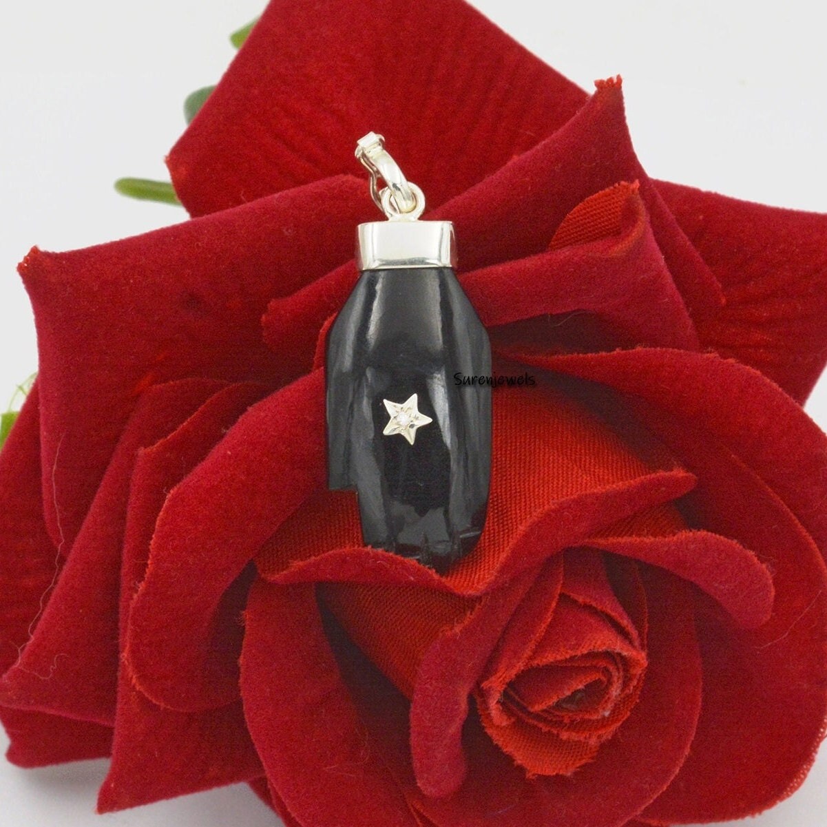 14K Gold Turquoise Figa Hand Pendant: Gemstone Hamsa Charm - View 2 - Suren Jewels | SKU: SJP1059-SLNSBOWT-25M