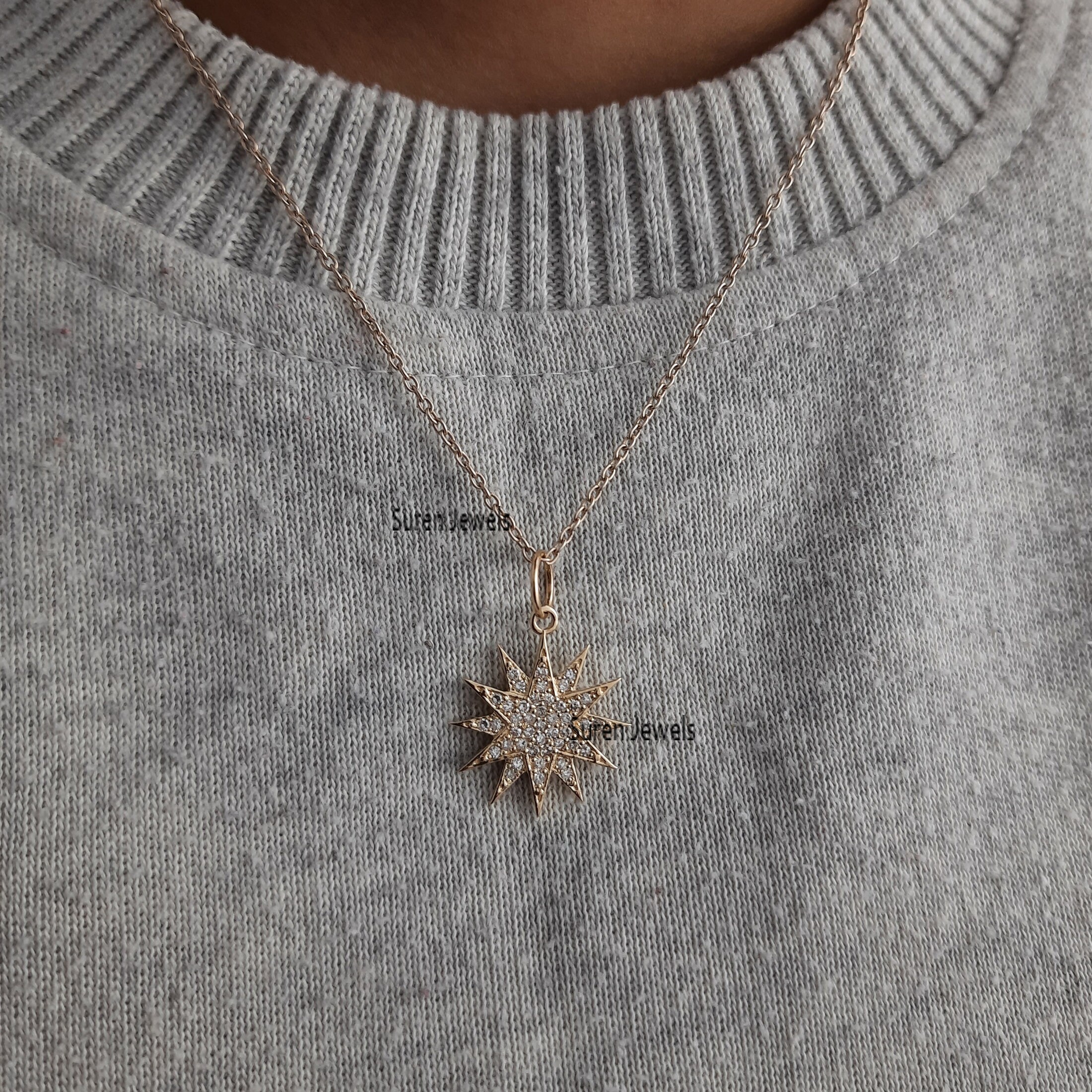 14K Gold Starburst Diamond Pendant - 20mm Gemstone Charm - View 3 - Suren Jewels | SKU: SJP531-SLYGDI-20M
