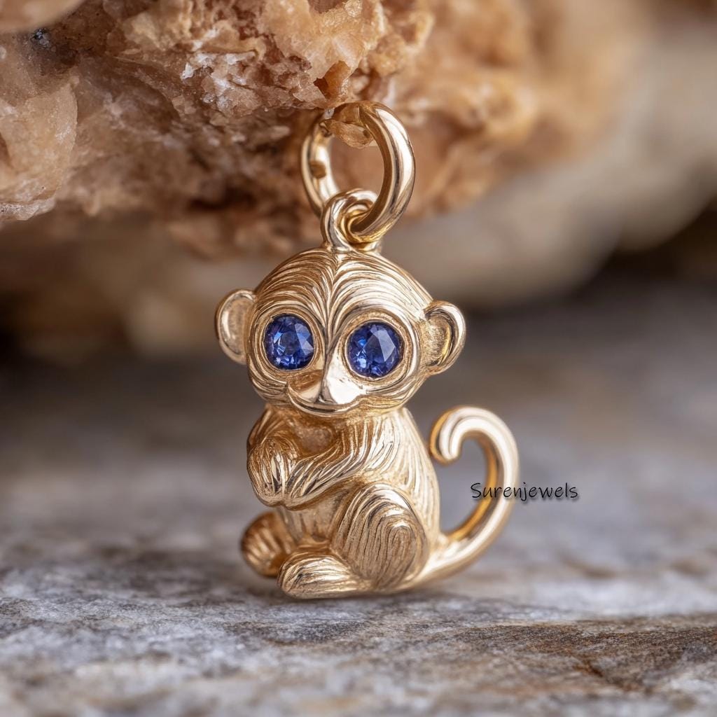 14k Gold Monkey Pendant with Gemstone: Carved Animal Jewelry - View 3 - Suren Jewels | SKU: SJP4943-SLYGBCZ-20M,SJP4923-SLYGB