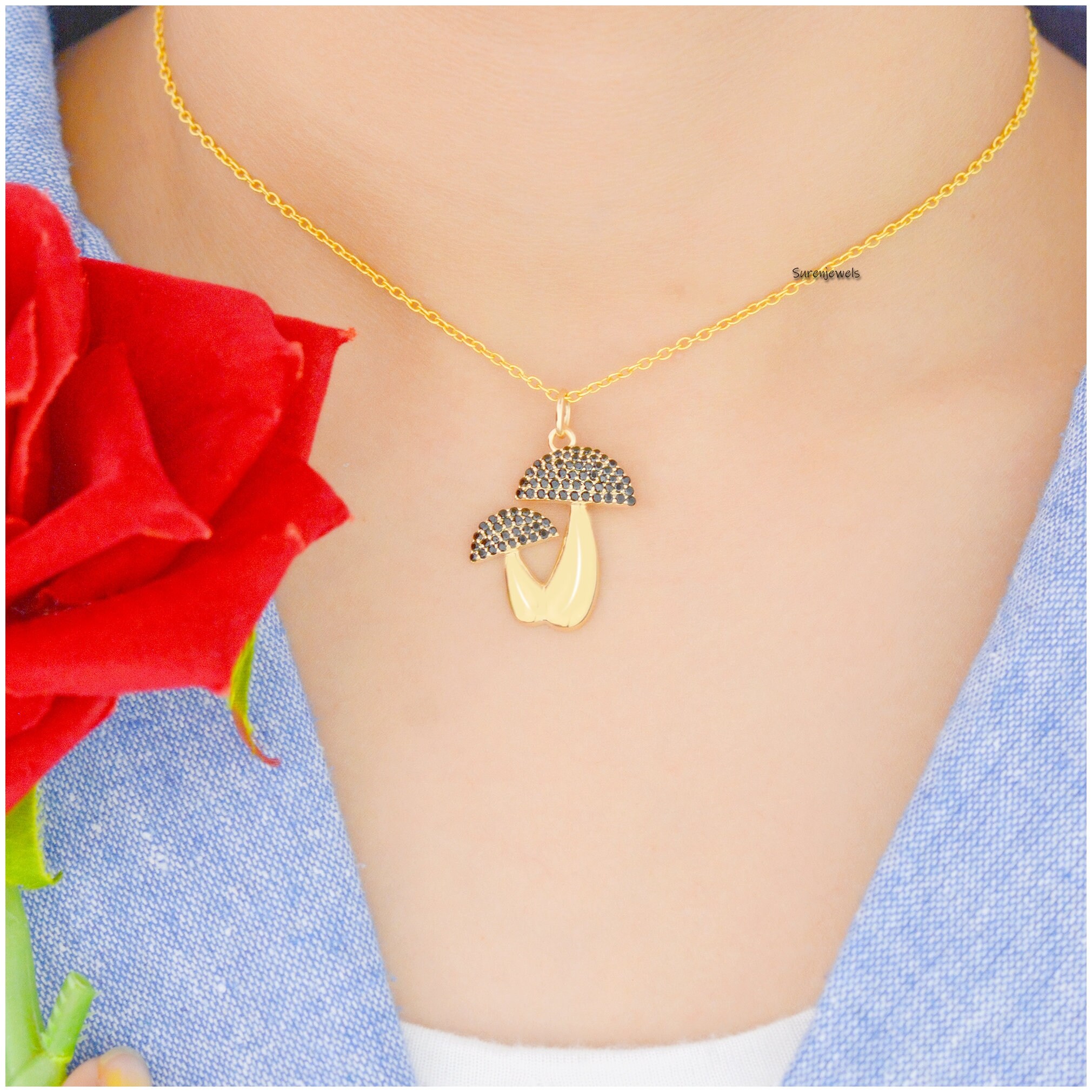 14K Gold Diamond Mushroom Pendant: Pave Magic Jewelry - View 4 - Suren Jewels | SKU: SJP1264-SLYGDI