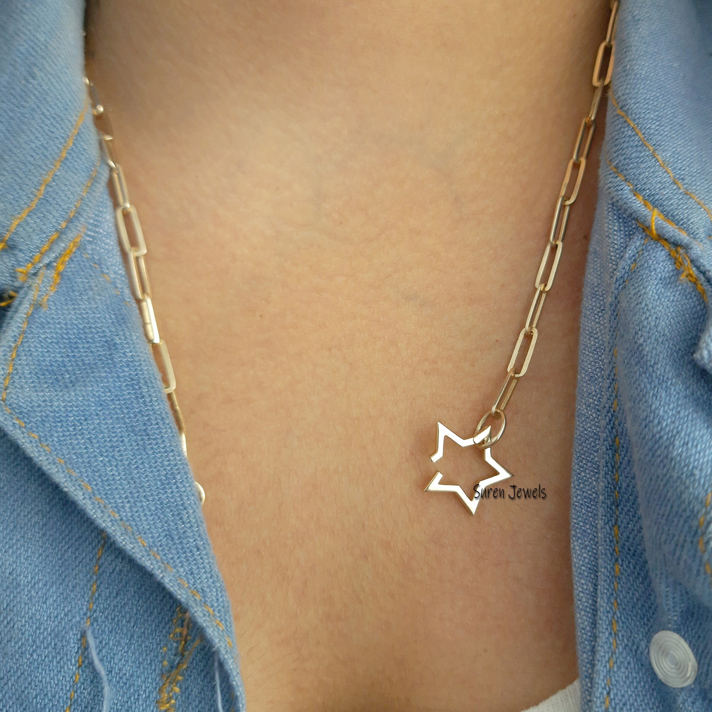 14K Gold Star Charm Enhancer: Push Clasp Necklace Link - View 3 - Suren Jewels | SKU: SJP451-14KYG-N47-18I