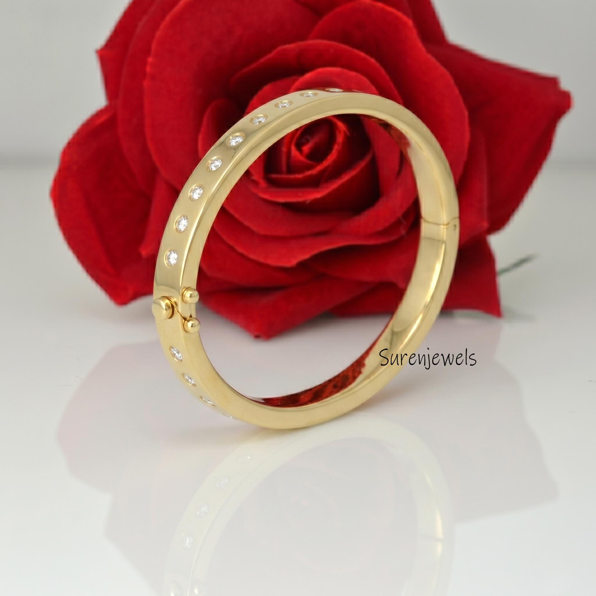 14k Gold Diamond Flush Set Bangle, Solid 14k Gold Hinged Bangle: Dainty Oval BraceletSimple Gold Bangle, Gold Women's Bangle