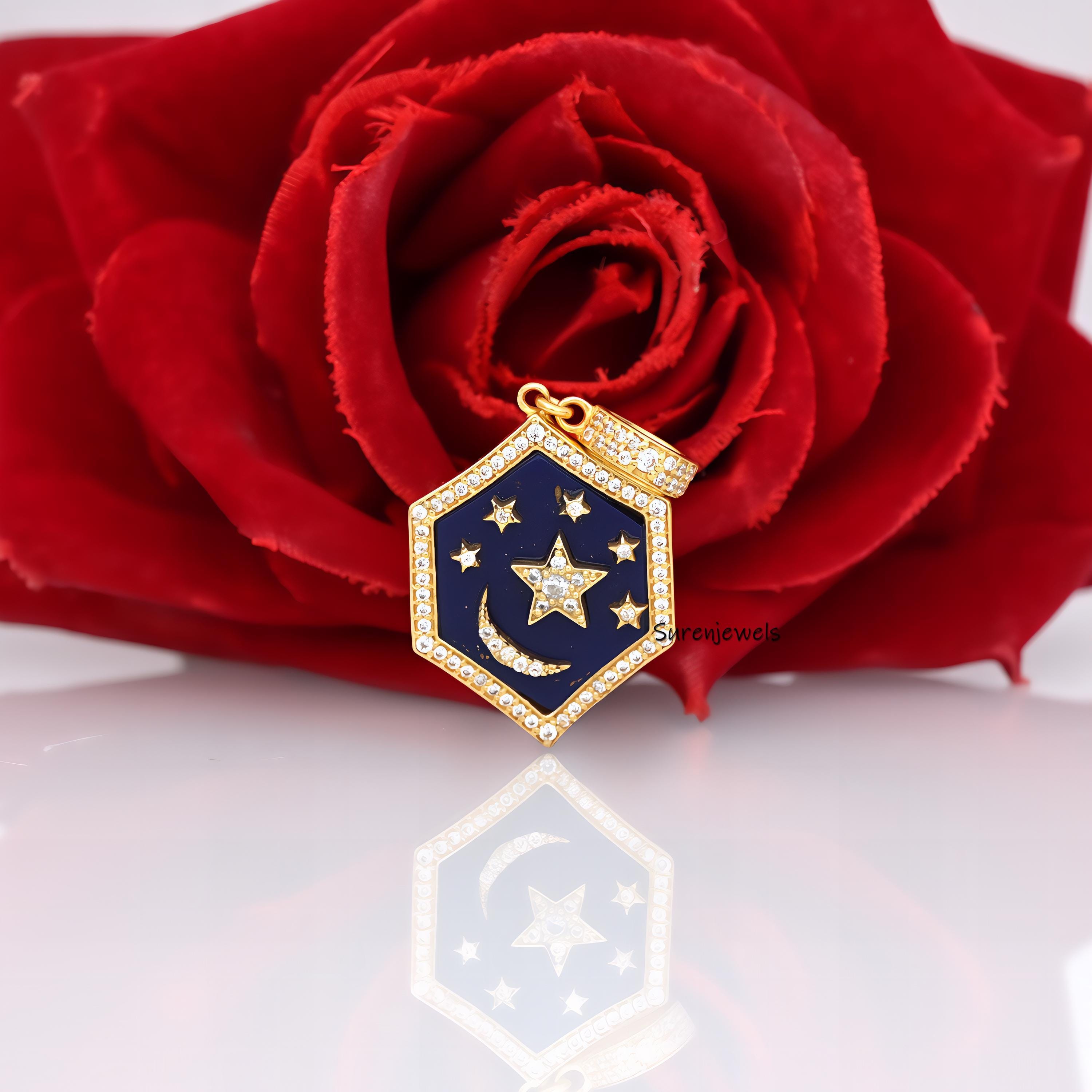 14k Gold Star Moon Hexagon Pendant: Handmade Designer Charm - View 2 - Suren Jewels | SKU: SJP4189-SLYGMKCZ-25M
