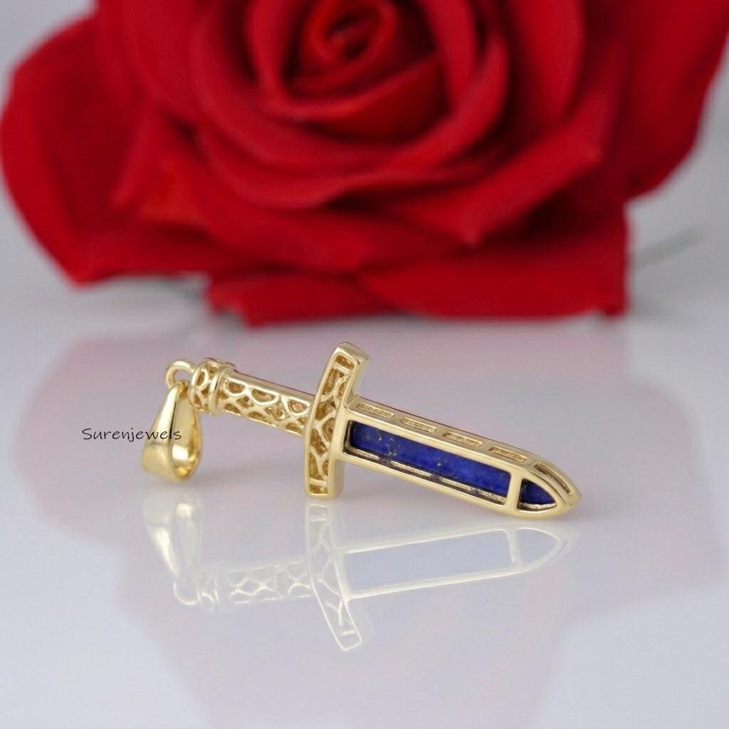 Lapis Lazuli Dagger Pendant, Sword Necklace, Gold Dagger Jewelry, Unique Sword Gift, Minimalist Gold Pendant, Gift for Him an
