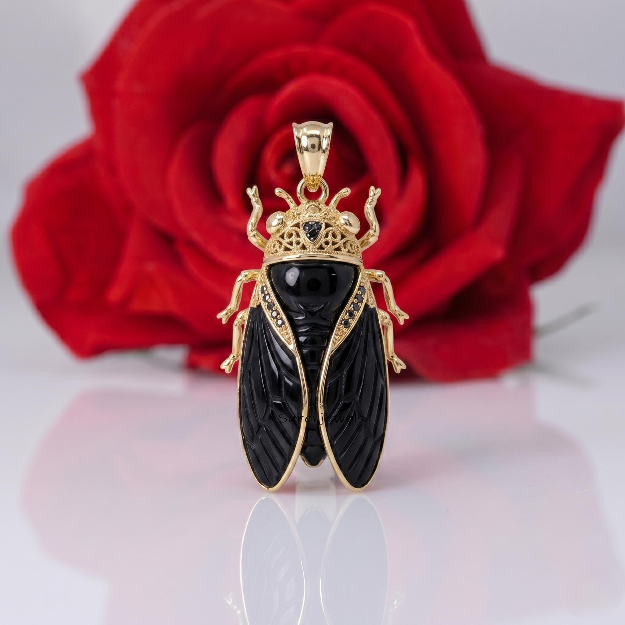 14K Gold Plated Black Onyx Cicada Pendant, Hand Carved Insect Pendant, Statement Bug Jewelry, Nature Inspired Gift - Suren Je