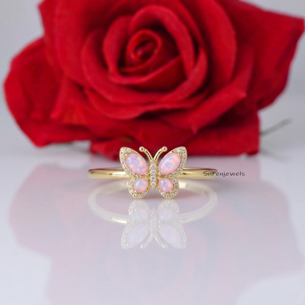 Pink Opal Butterfly Ring, 14K Gold Plated Butterfly Ring, Delicate Insect Jewelry, Nature Inspired Ring, Promise Ring for Her