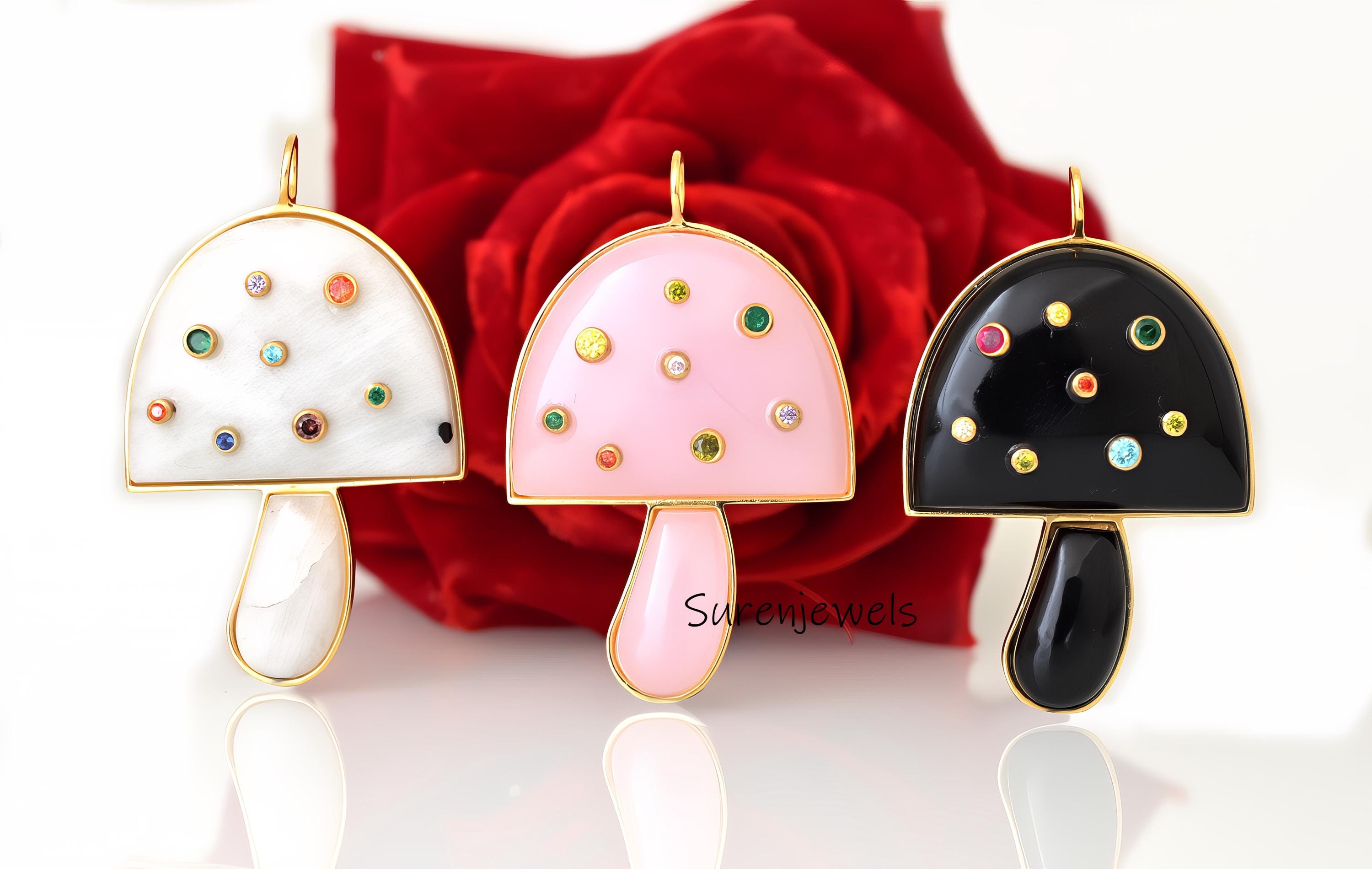 14k Gold Gemstone Mushroom Pendant: Magic Jewelry Charm - Suren Jewels | SKU: SJM25-SLYGYOPMTCS,SJP980-SLYGYOPMTCS-40,SJM20-S