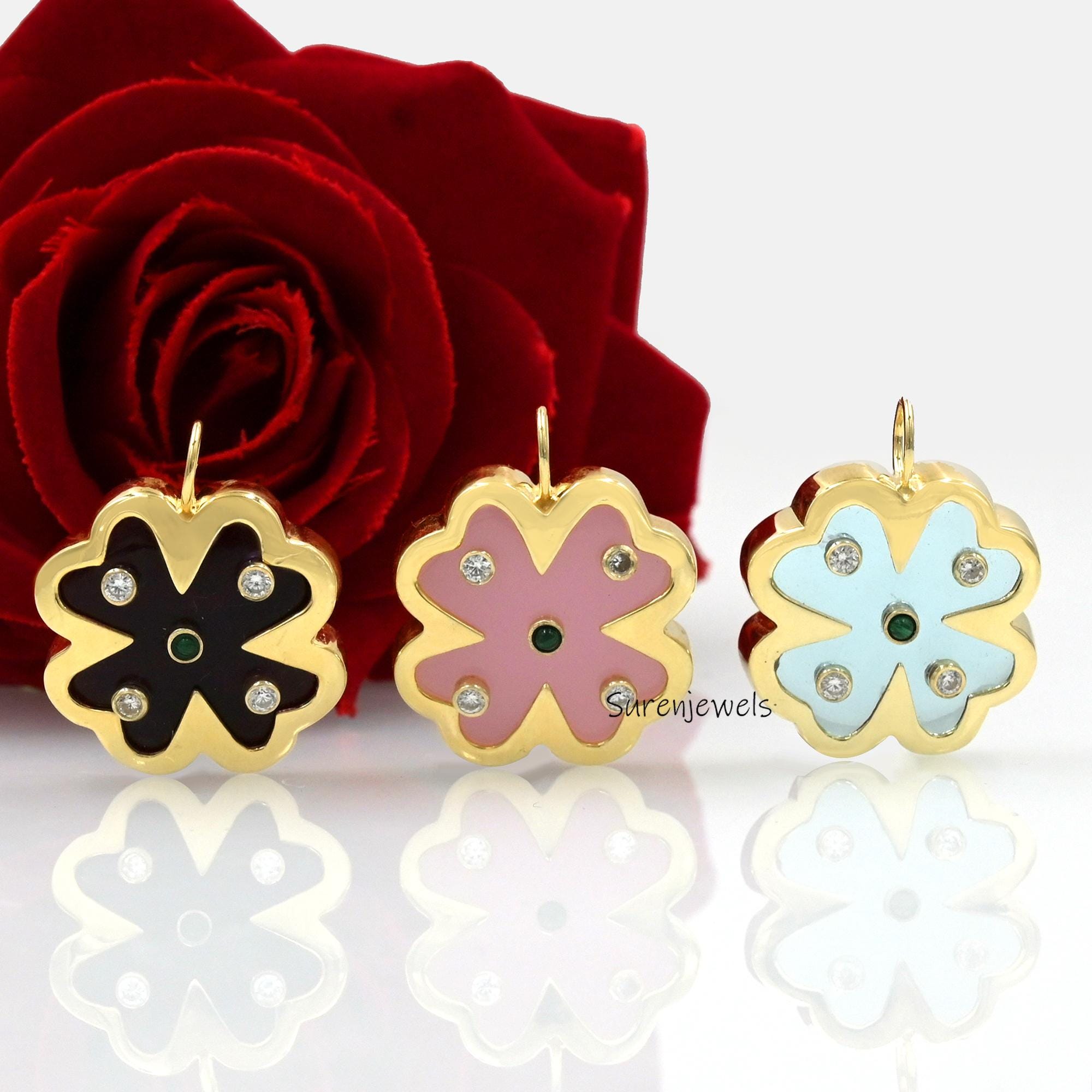 14K Gold Gemstone Clover Pendant: Four Leaf Clover Jewelry - Suren Jewels | SKU: SJP1688