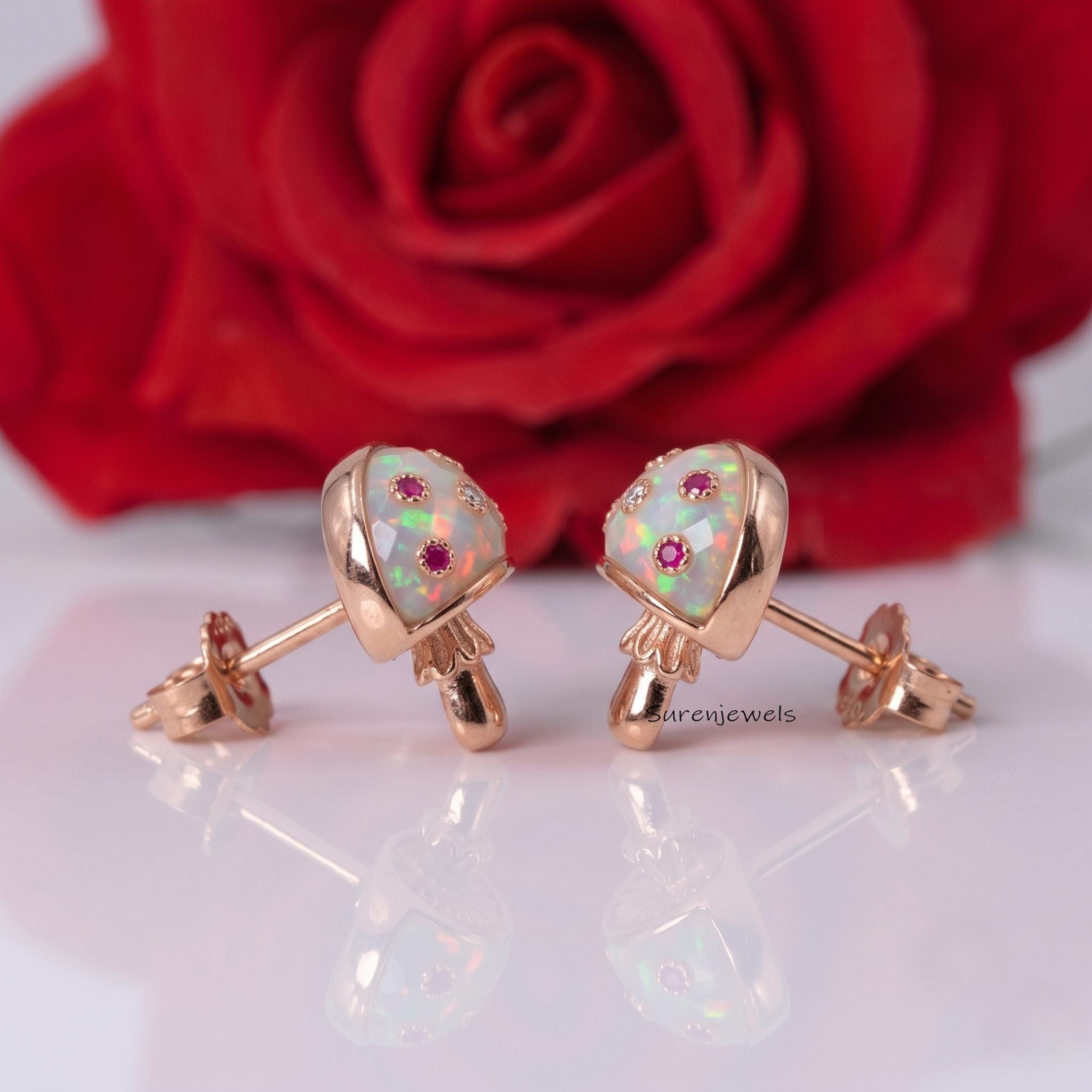 Opal Mushroom Stud Earrings, Tiny Mushroom Jewelry, Gemstone Mushroom Studs, Nature Inspired Gold Earrings, Gift for Her - Vi