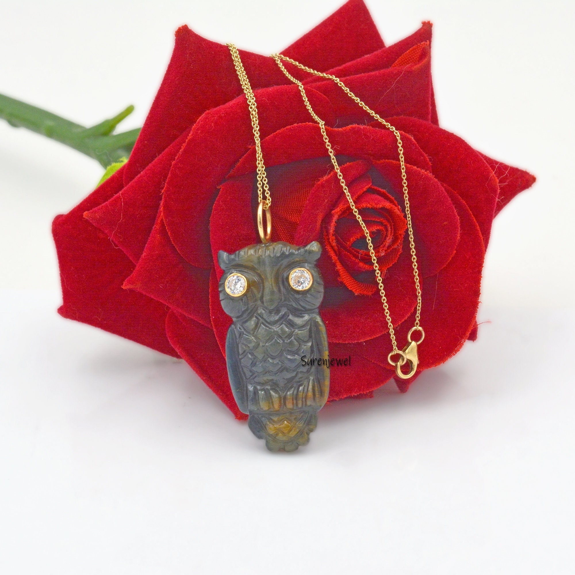 Carved Gemstone Owl Pendant: Labradorite Mughal Charm - View 2 - Suren Jewels | SKU: SJP1219-SLYGLBWT-50M