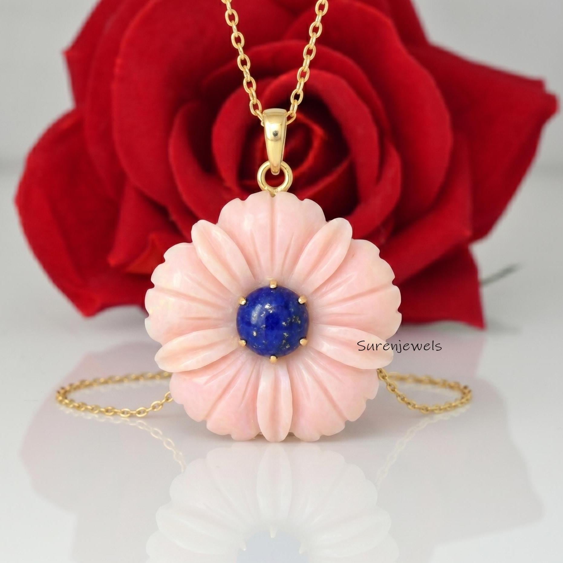 14K Gold Gemstone Flower Pendant, Hand Carving Flower Charm, Carved Flower Pendant, Gemstone Flower Jewelry, Designer Crystal