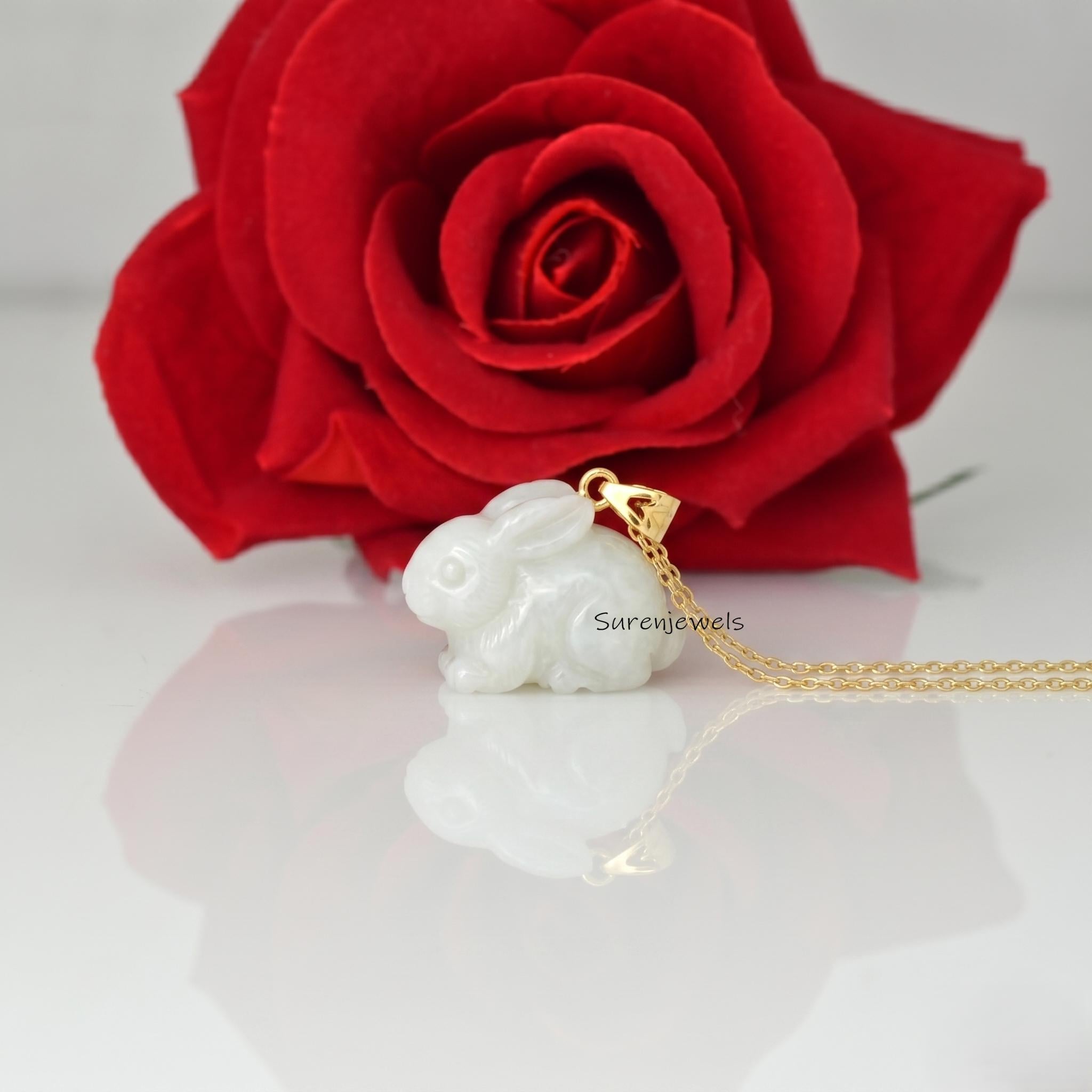 14K Gold Gemstone Bunny Pendant, Handcarved Gold Rabbit Pendant, Rose Quartz Bunny Charm, Rabbit Animal Jewelry, Carving Gold