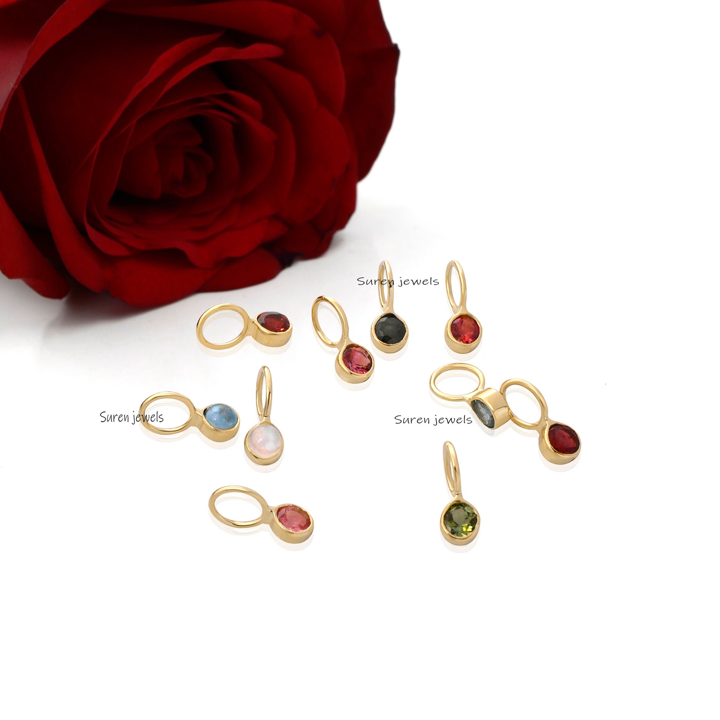 14k Gold Plated Birthstone Pendant: Mini Gemstone Drop Charm - View 2 - Suren Jewels | SKU: SJP468-SLYGSTM