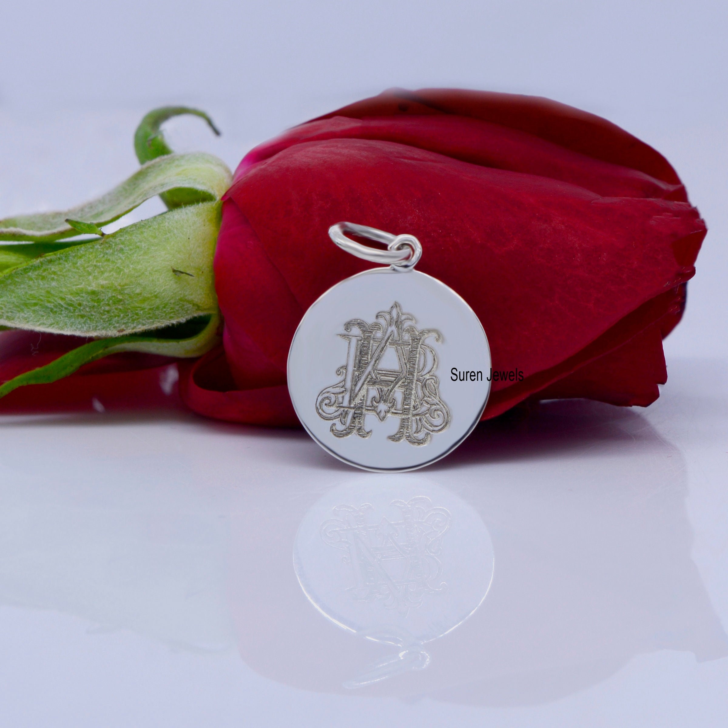 925 Silver Monogram Disc Pendant: Personalized Initial Charm (15mm) - View 2 - Suren Jewels | SKU: SJP744-SLNS-AH