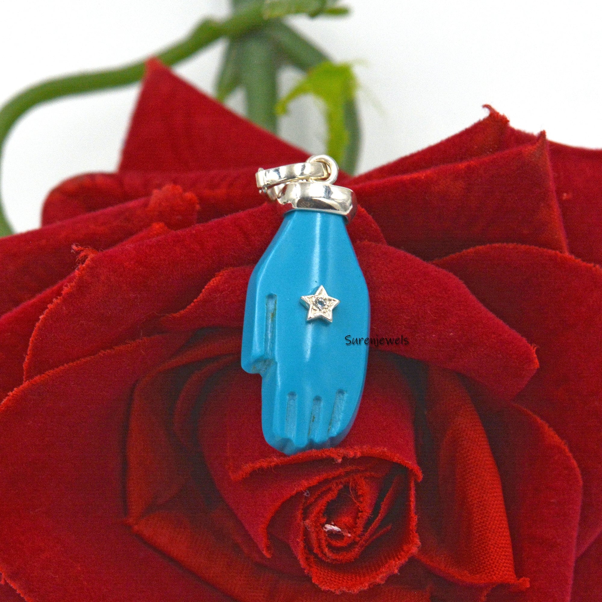 14K Gold Turquoise Figa Hand Pendant: Gemstone Hamsa Charm - Suren Jewels | SKU: SJP1059-SLNSBOWT-25M