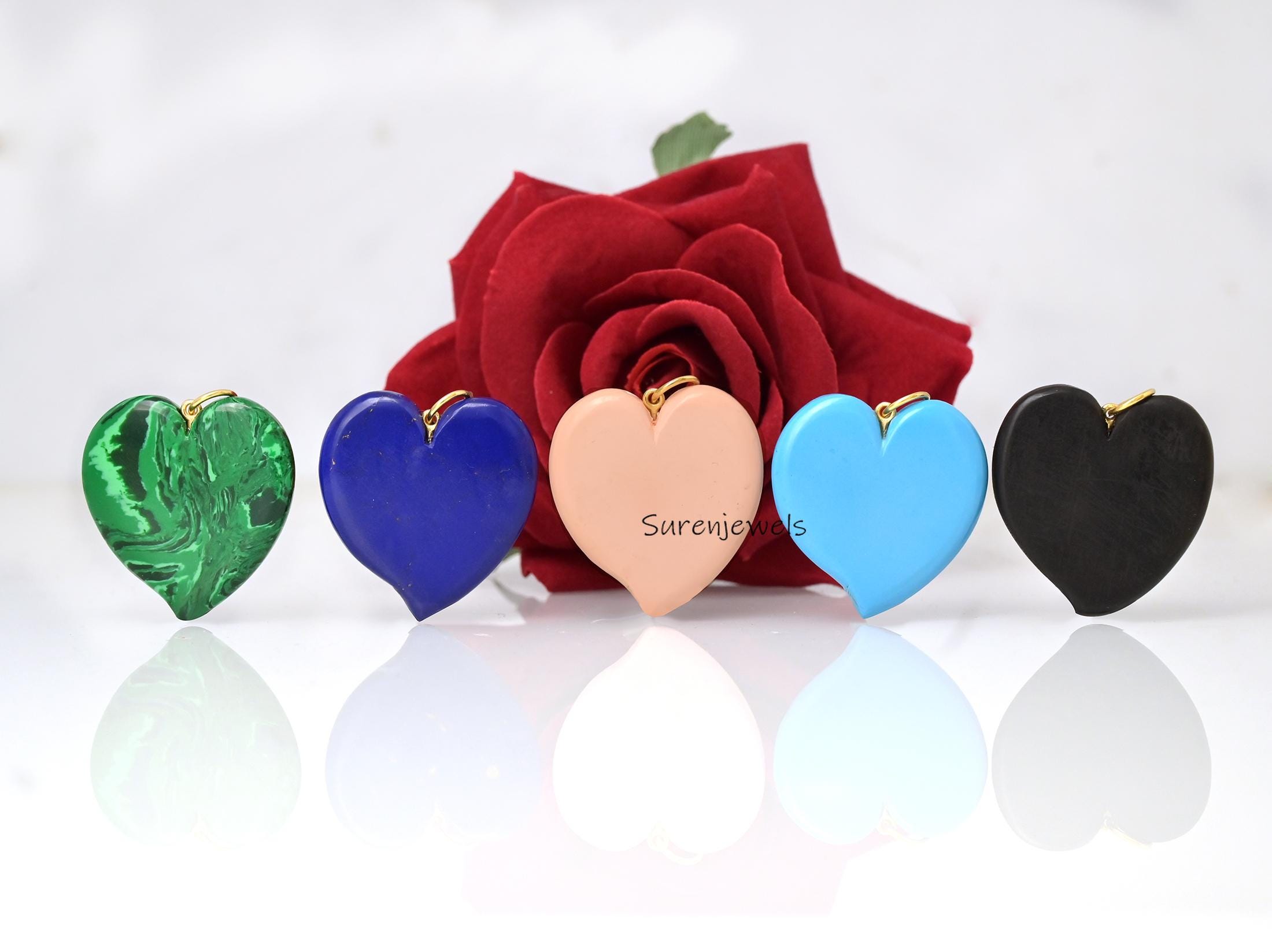 14K Gold Gemstone Heart Pendant, Double Gemstone Heart Charm, Designer Heart Pendant, Handmade Malachite Heart Charm, Carved