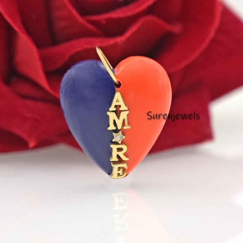 14k Gold Gemstone Heart Pendant: Designer Multi Stone Heart - Suren Jewels | SKU: SJP1620-