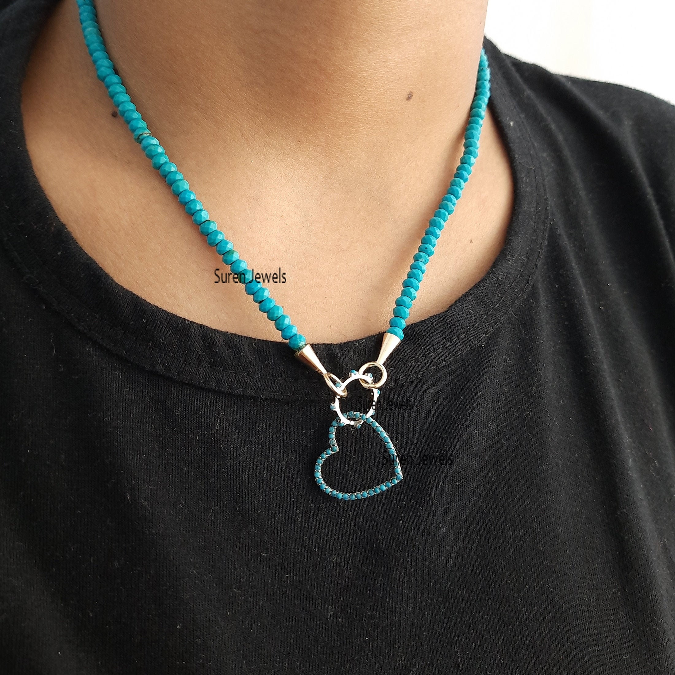 14K Gold Turquoise Heart Necklace: Dainty Charm Pendant - View 3 - Suren Jewels | SKU: MJN247-14KYGTQ-16I