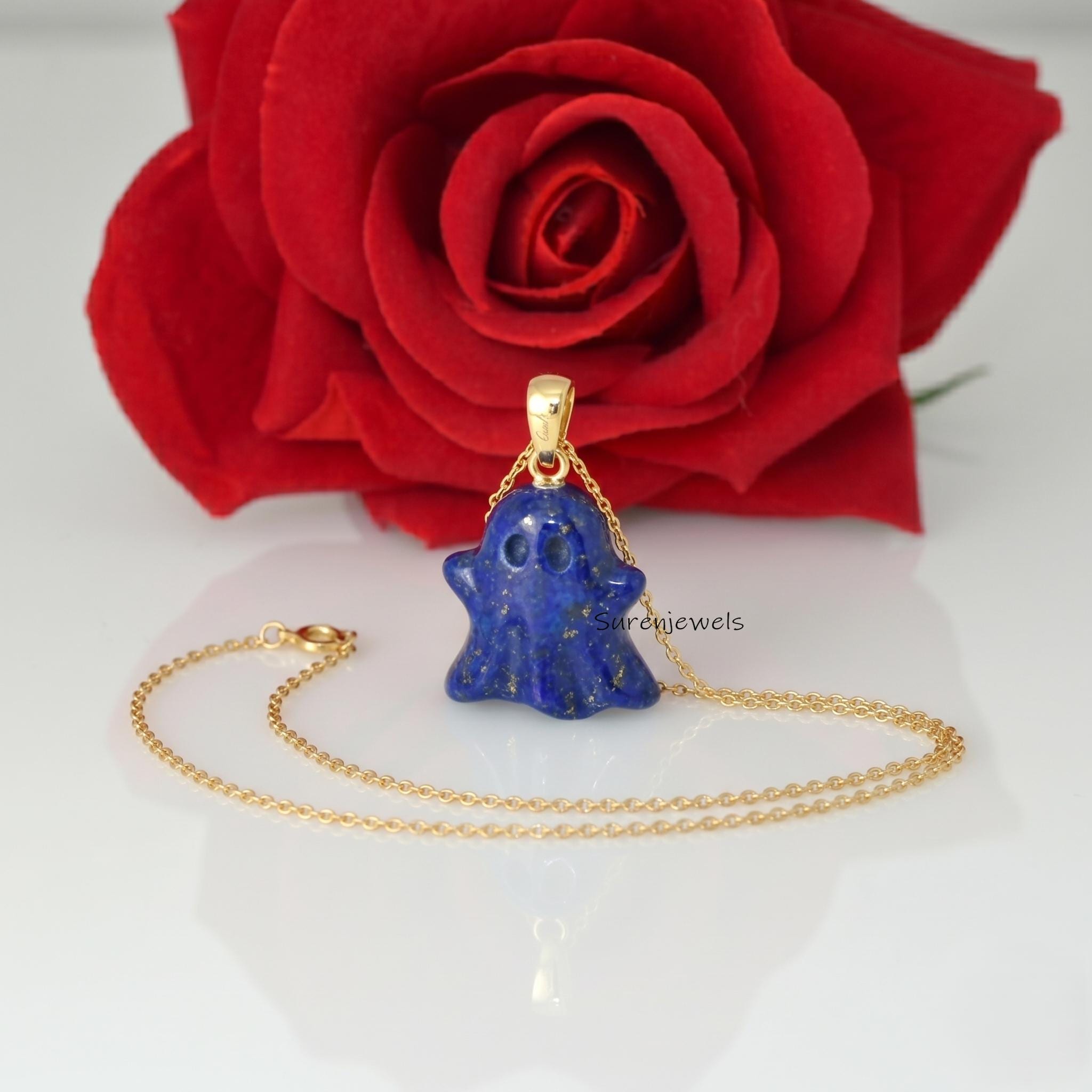 14K Gold Gemstone Cute Ghost Pendant, 14K Carved Ghost Pendant, Gold Designer Ghost Pendant, Halloween Ghost Pendant, Carving