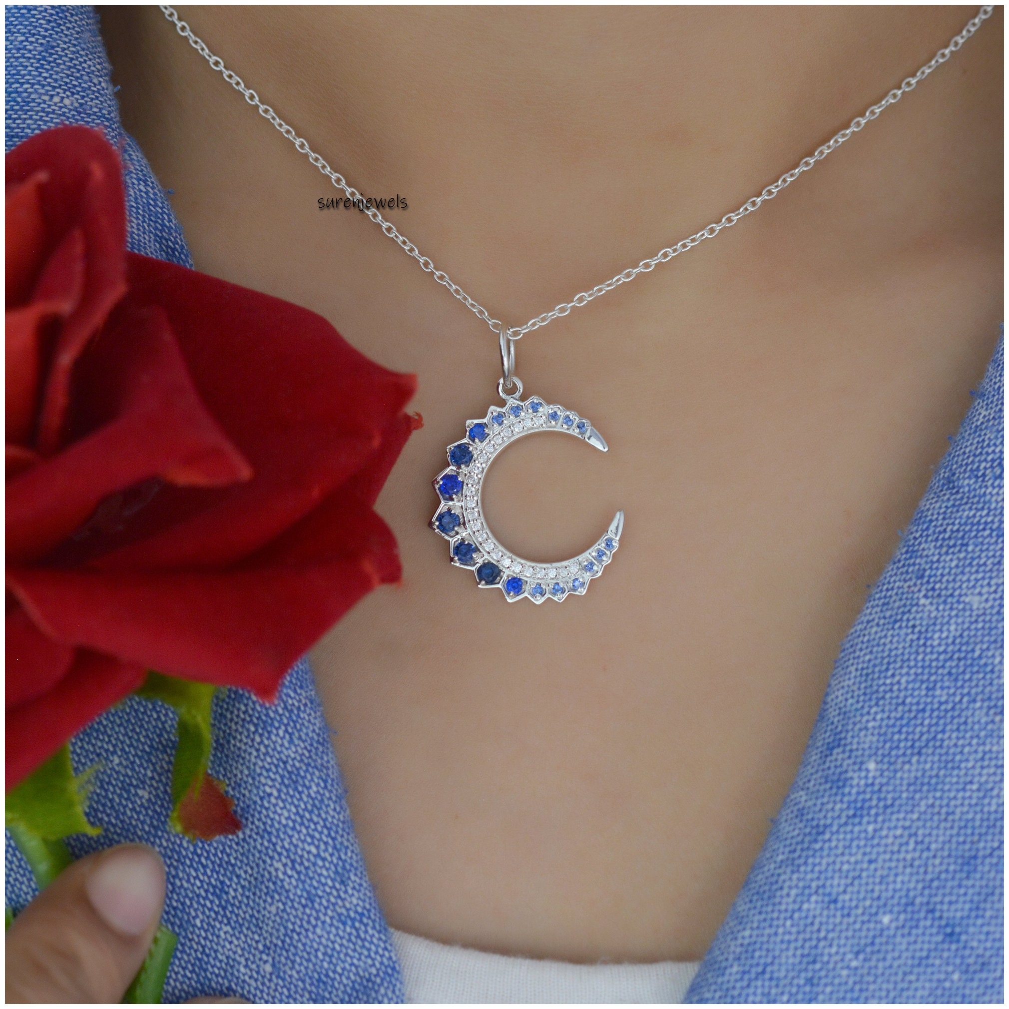 14k Gold Turquoise Crescent Pendant: Silver Diamond Moon Charm - View 7 - Suren Jewels | SKU: SJP1298-SLYGCZPL