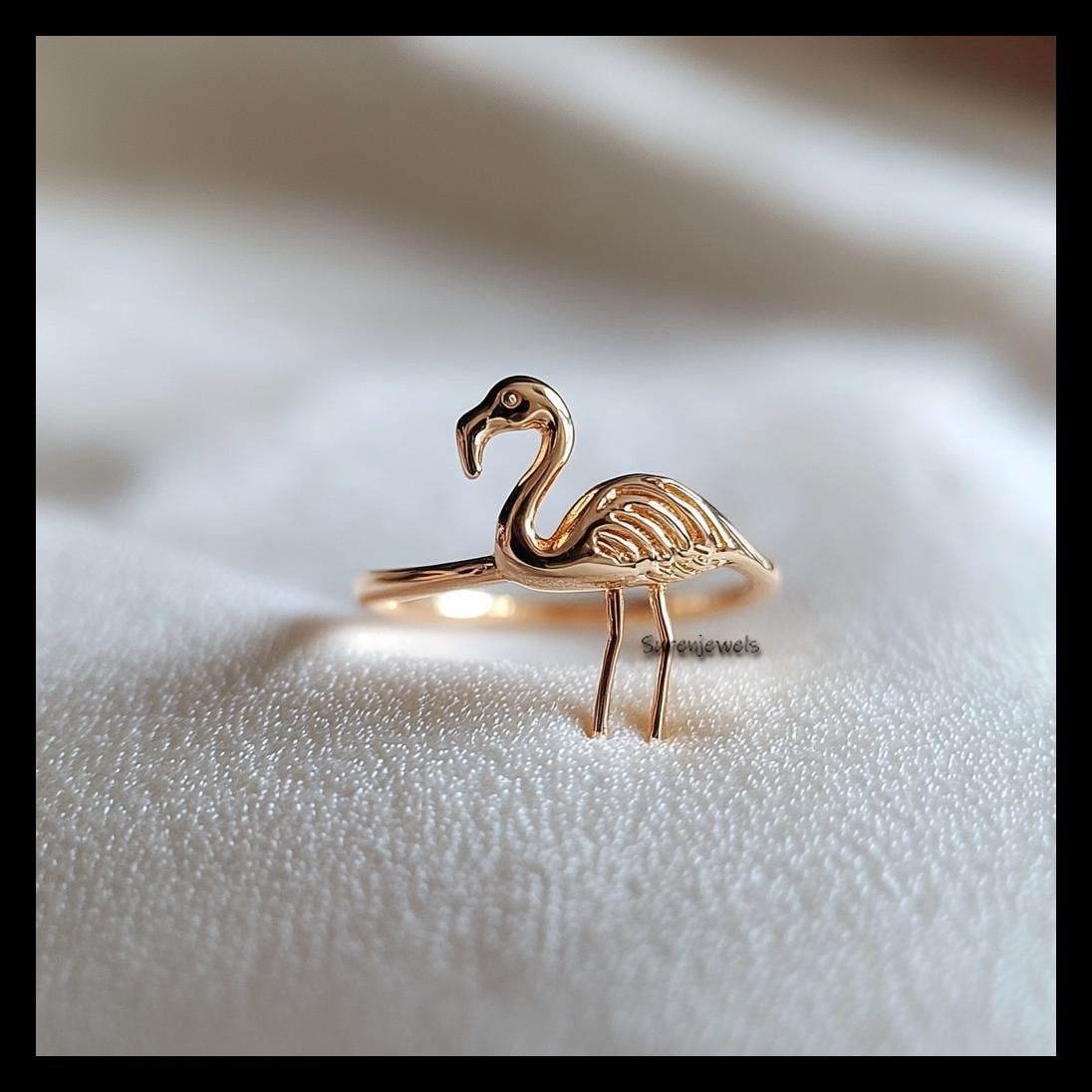 14k Gold Flamingo Ring: Dainty Animal Bird Jewelry - View 2 - Suren Jewels | SKU: SJR2967-SLWG-US-3,SJR2975-SLRG-US-5