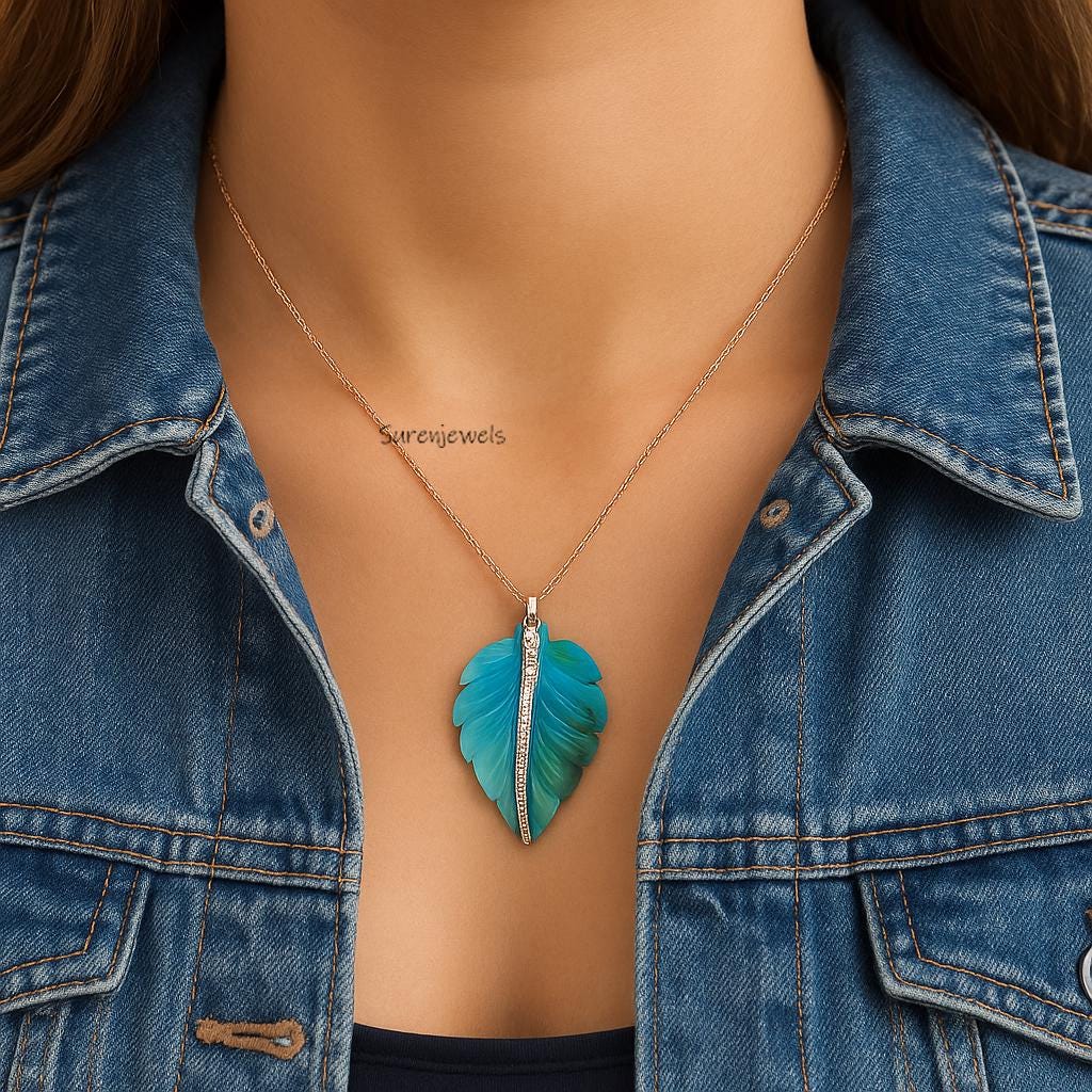 14k Gold Hand Carved Gemstone Leaf Pendant - Turquoise or Malachite - View 4 - Suren Jewels | SKU: SJP5016-SLYGMOPCZ-25M