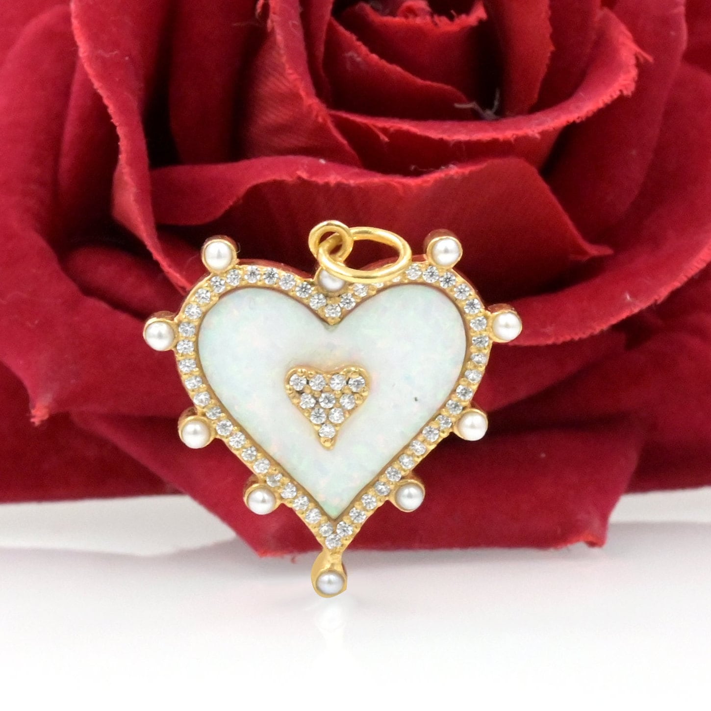 Gold Plated Heart Pendant: Gemstone, Moissanite & Pearl Charm - Suren Jewels | SKU: SJP1271-14KYGLPZDIPL-25M