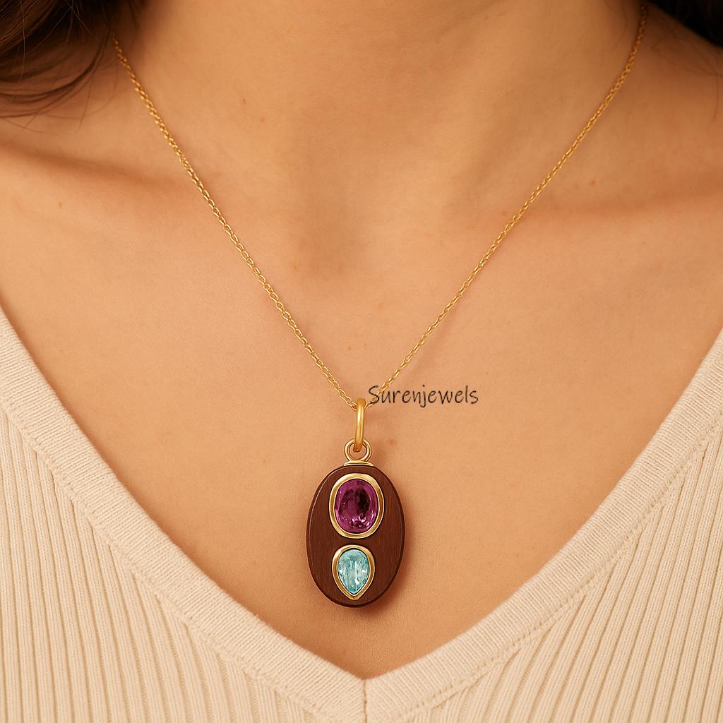 14k Gold Double Gemstone Oval Pendant, Oval Shaped Charm - Suren Jewels | SKU: SJP5063-SLYGMSBTPCZ-25M
