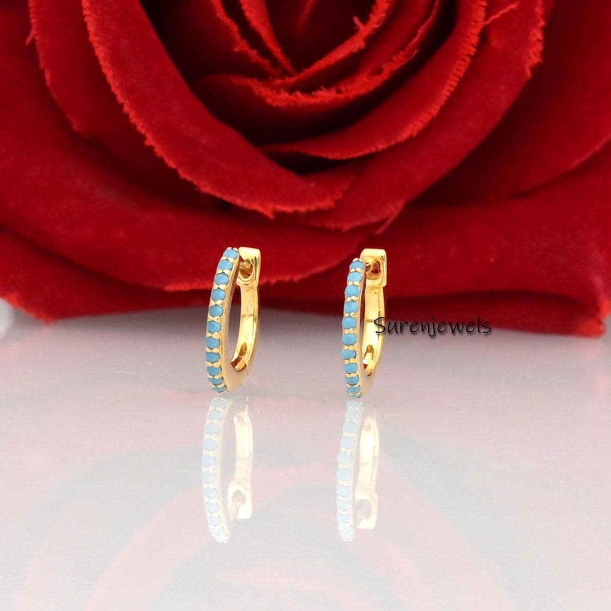 14k Solid Gold Turquoise Huggie Hoop Earrings: Handmade Hinged Jewelry - Suren Jewels | SKU: SJE66-9KYGTS