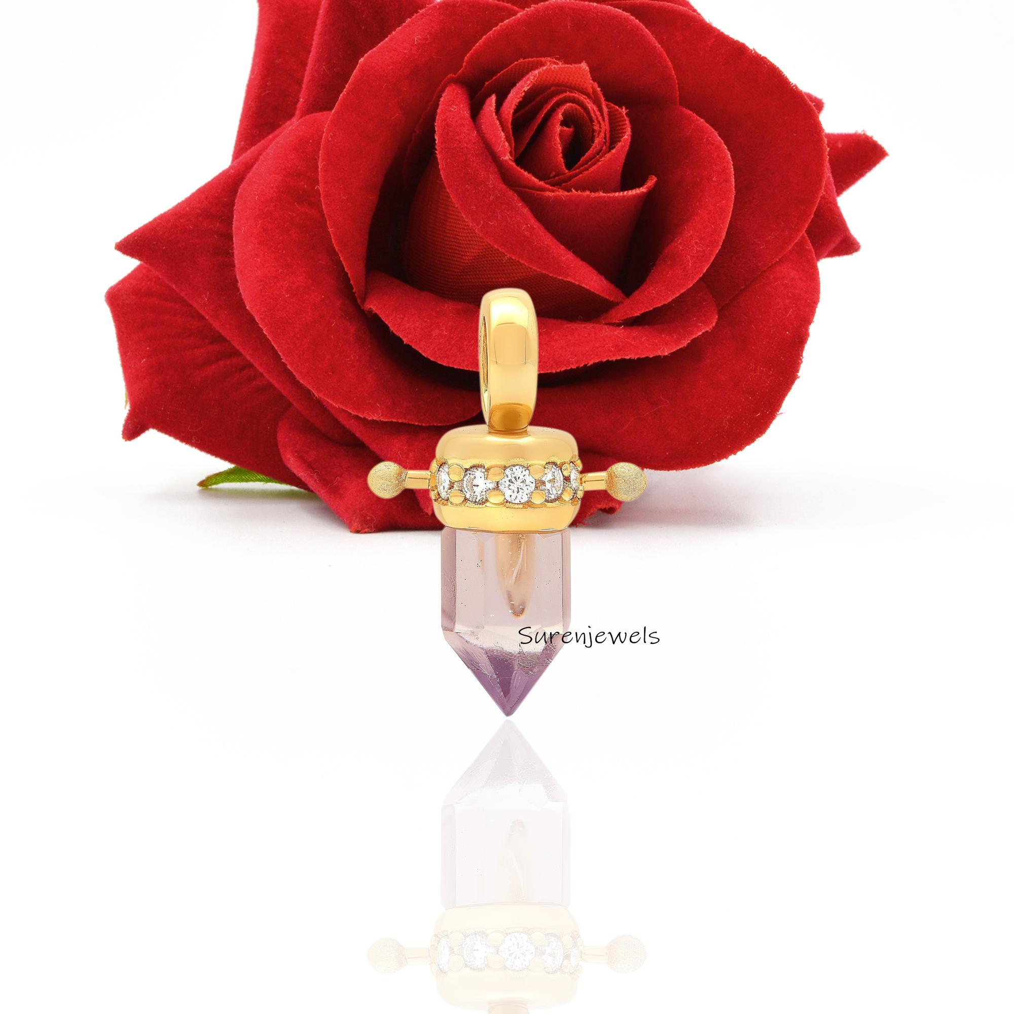 14K Gold Moonstone Point Pendant with Moissanite Diamond - Suren Jewels | SKU: SJP,SJP6060-SLYGMSMN-30M