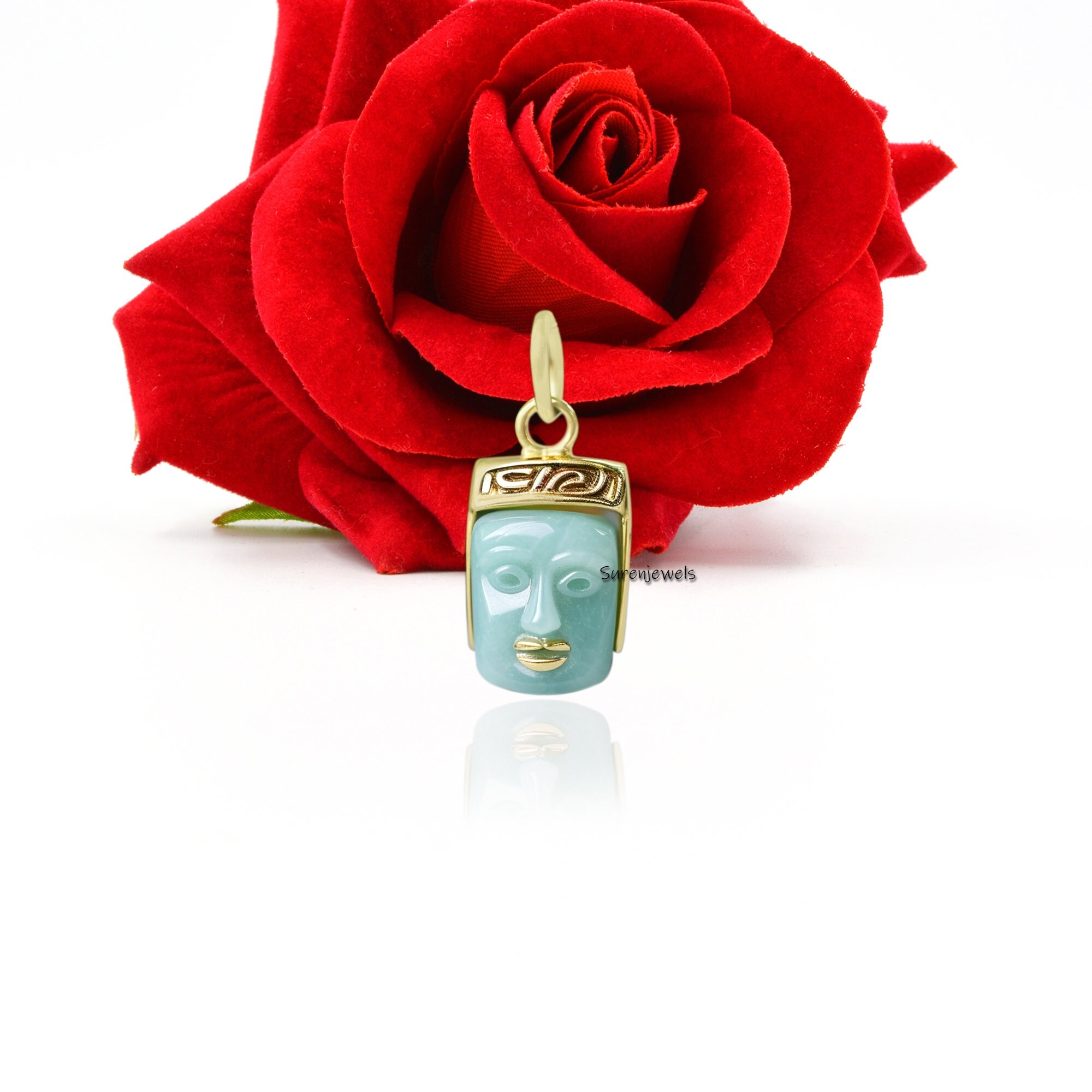 14k Gold Gemstone Face Carving Pendant: Designer Charm - View 4 - Suren Jewels | SKU: SJP1892-SLYGAZ-15M,SJP1821-SLYGAZ-15M