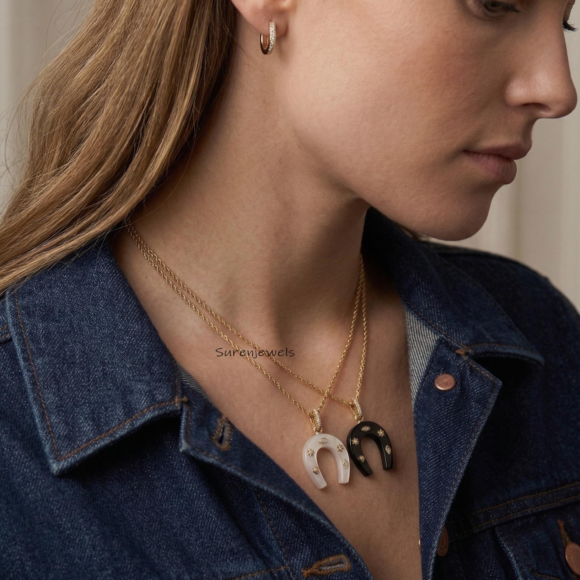 14k Gold Hand Carved Gemstone Horseshoe pendant - View 3 - Suren Jewels | SKU: SJP
