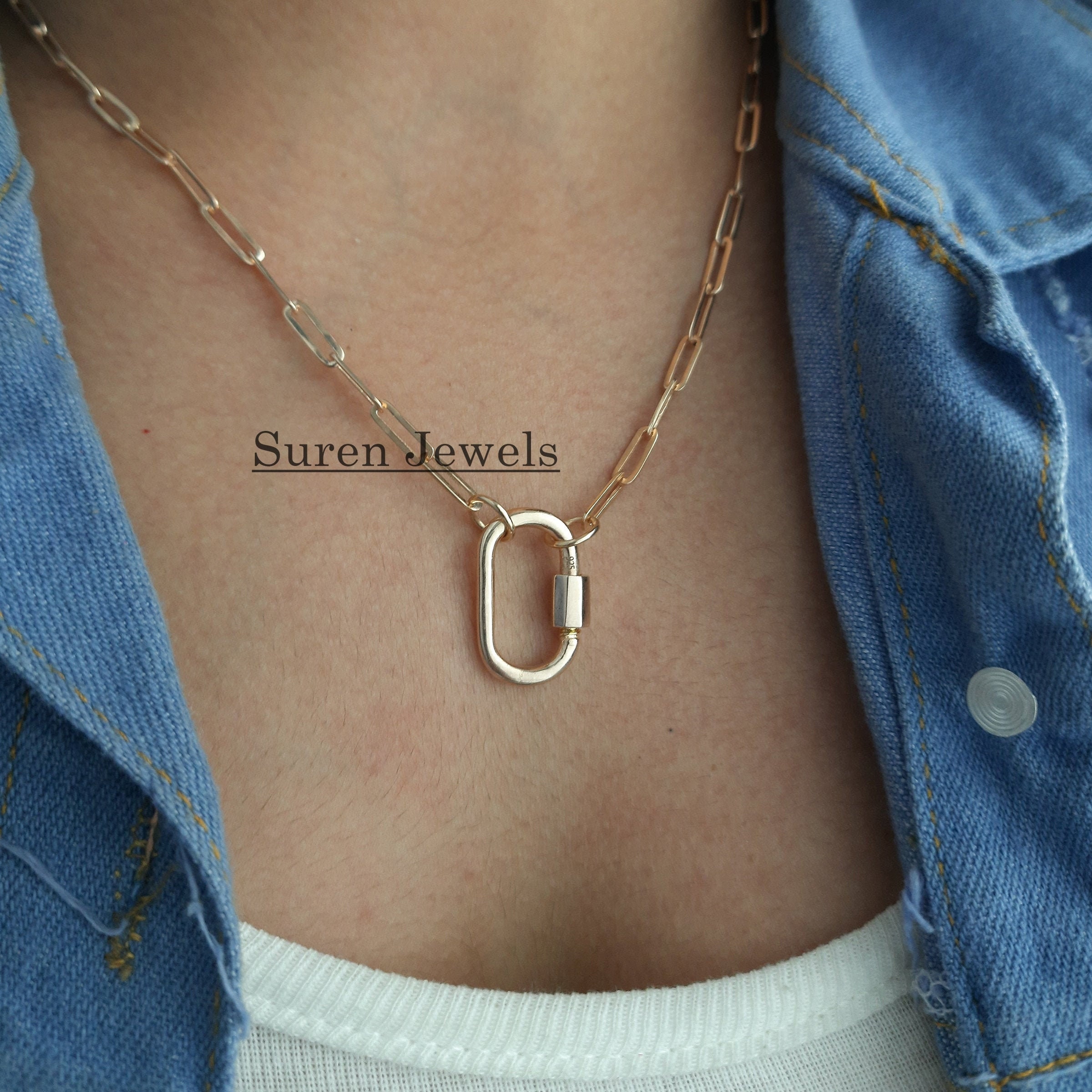 9k Gold Carabiner Lock Necklace: Paperclip Chain - View 2 - Suren Jewels | SKU: SJC130-9KYG-N47-18I