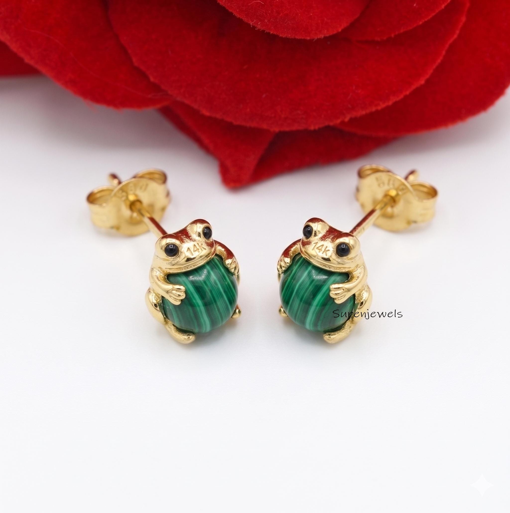 14K Gold Gemstone Frog Studs, handmade Frog Stud Earrings, Designer Gemstone Frog Earrings, Gold Carved Frog Studs, 14K Frog