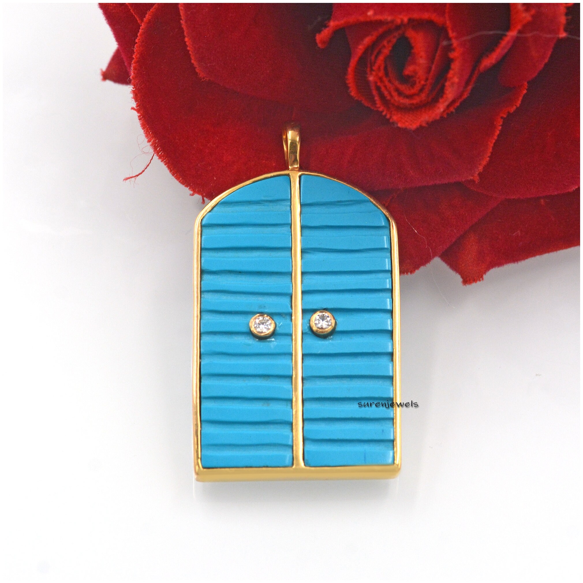 14k Gold Turquoise Door Pendant: Carved Gemstone, Handmade - Suren Jewels | SKU: SJP1045-SLYGDITE