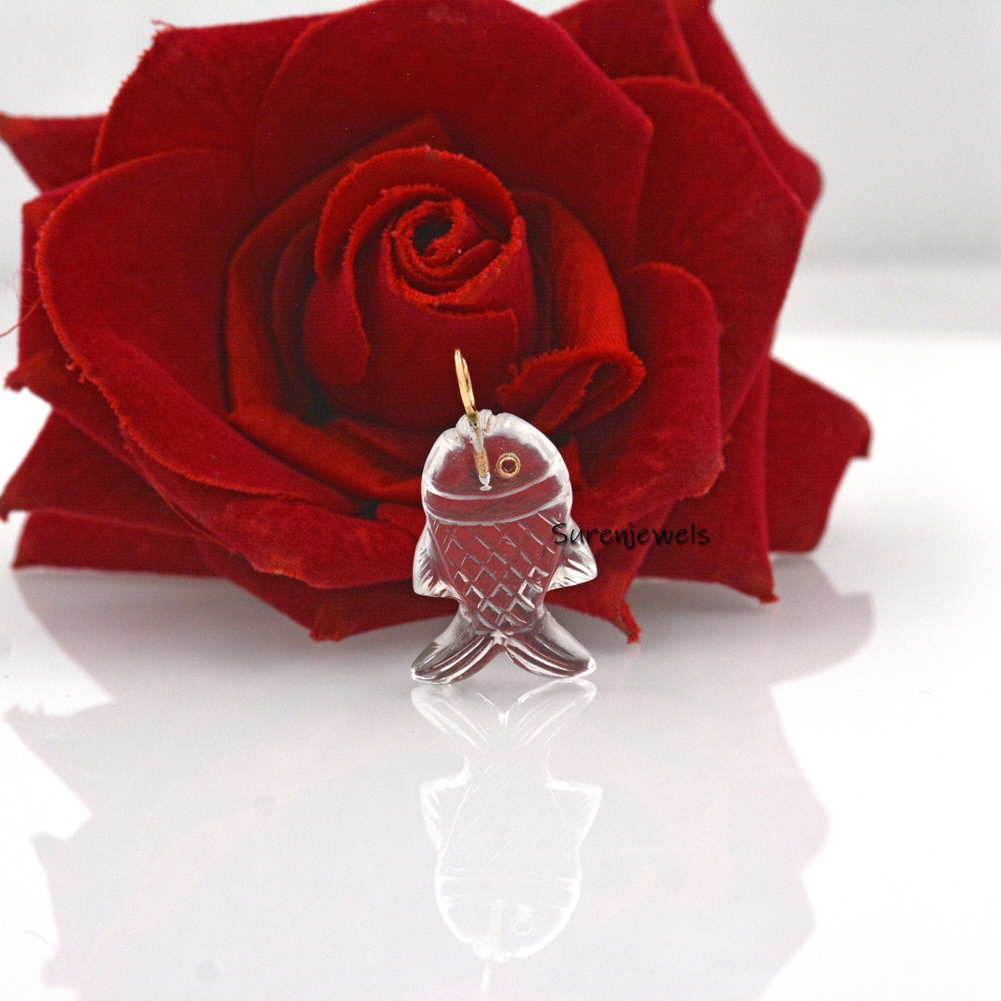 14K Gold Turquoise Fish Pendant: Lucky Carved Fish Charm - Suren Jewels | SKU: SJP1634
