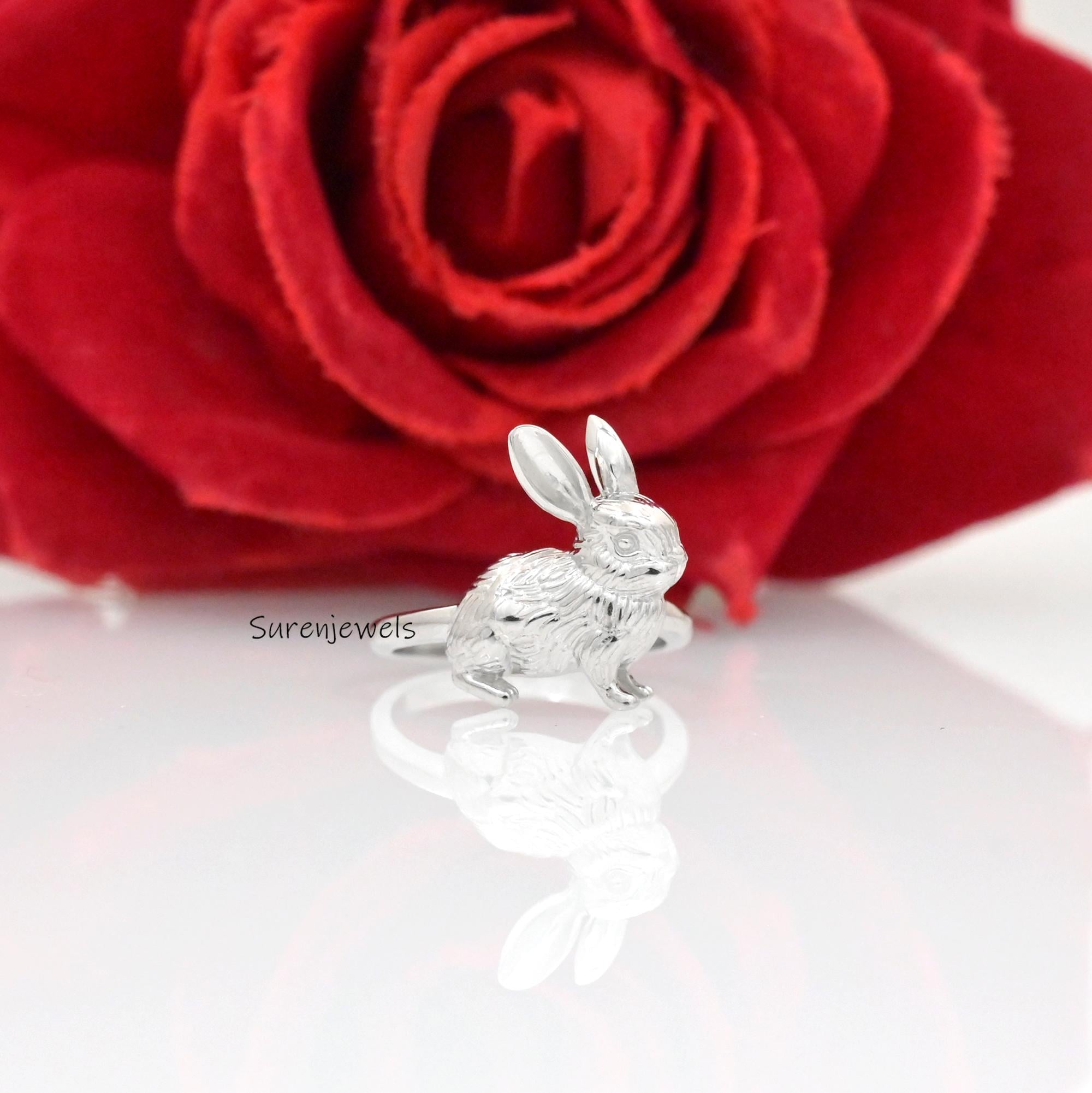 14K Solid Gold Rabbit Ring: Handmade Lucky Bunny Jewelry - View 6 - Suren Jewels | SKU: SJR2881-SLYGBKCZ-US-7,SJR2882-SLRH-US