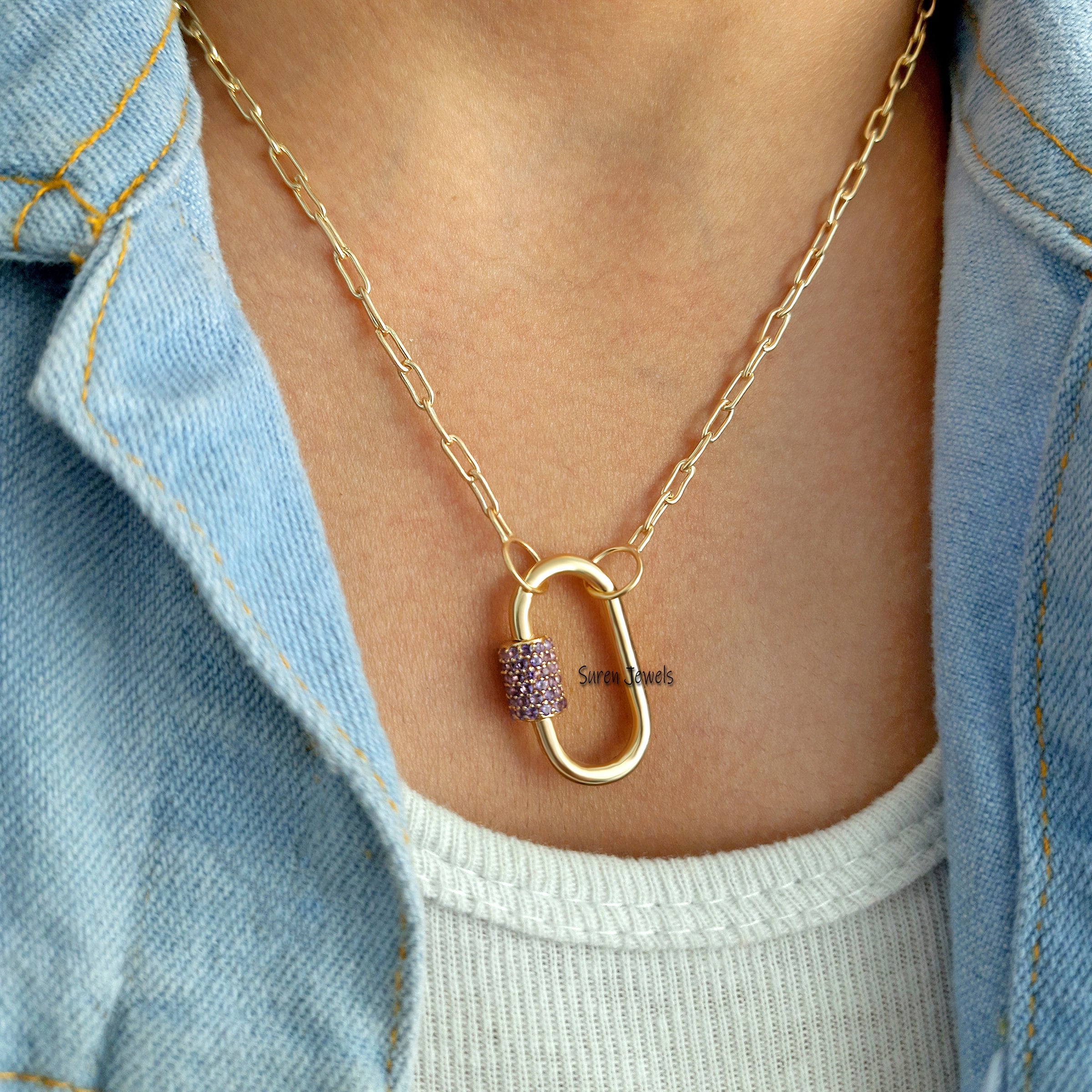 925 Silver Amethyst Gemstone Carabiner Necklace - 18 inch - View 2 - Suren Jewels | SKU: SJC07-SLYGAM-25M-N36-18I