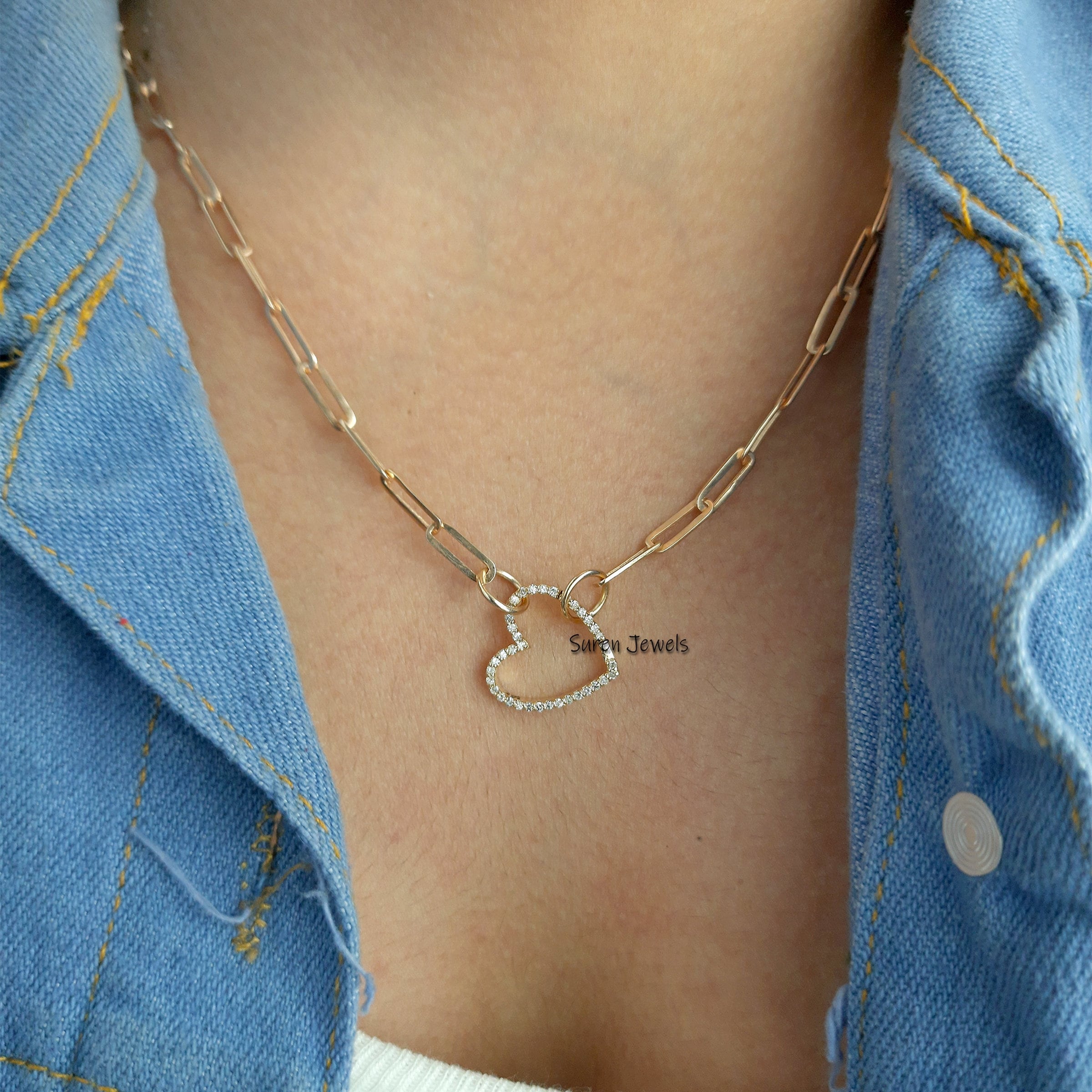 Diamond Heart Charm Enhancer: Gold Thick Link Holder - View 6 - Suren Jewels | SKU: SJP536-SLYGDI-N47-18I