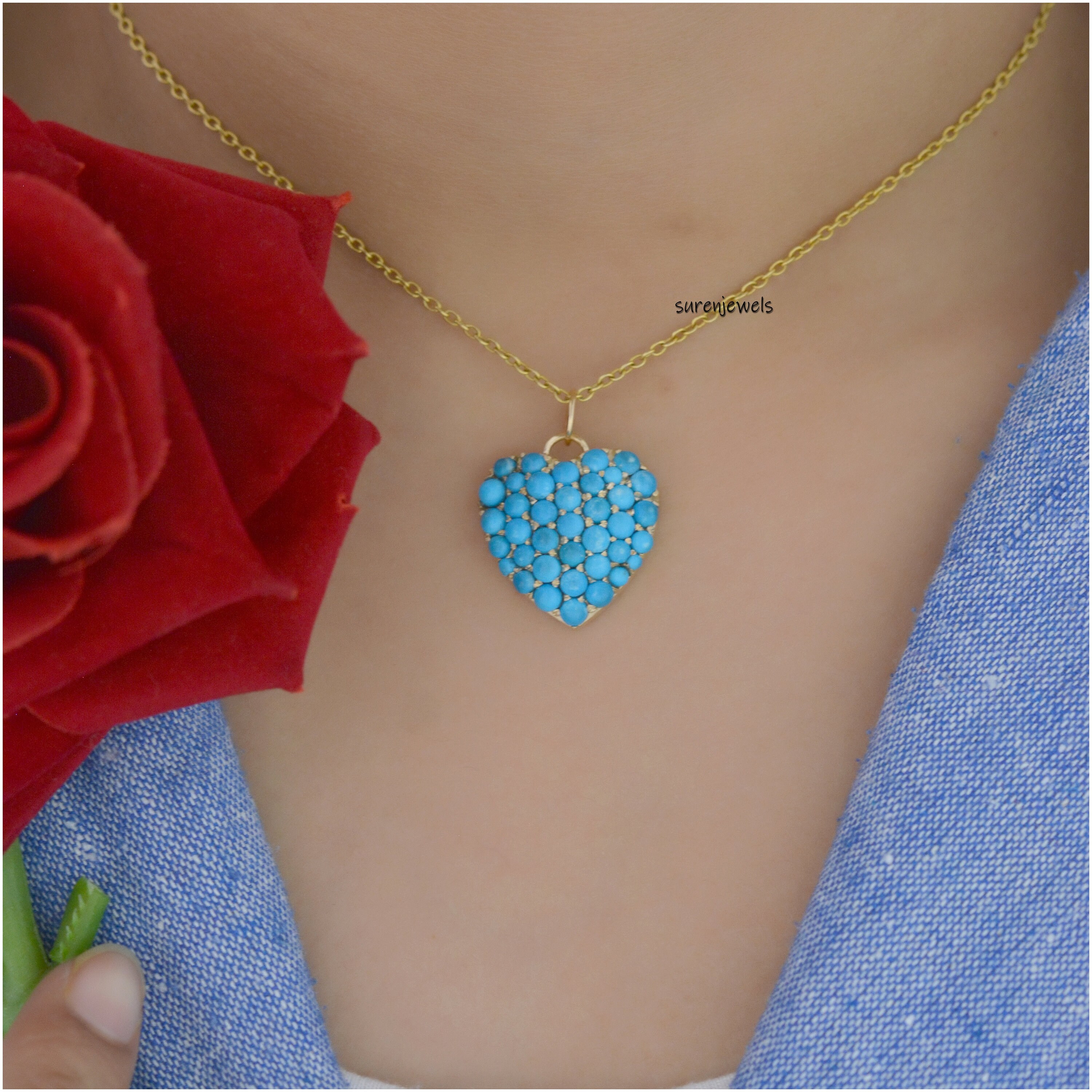 14K Gold Turquoise Heart Pendant: Dainty Gemstone Charm - View 4 - Suren Jewels | SKU: SJP1003